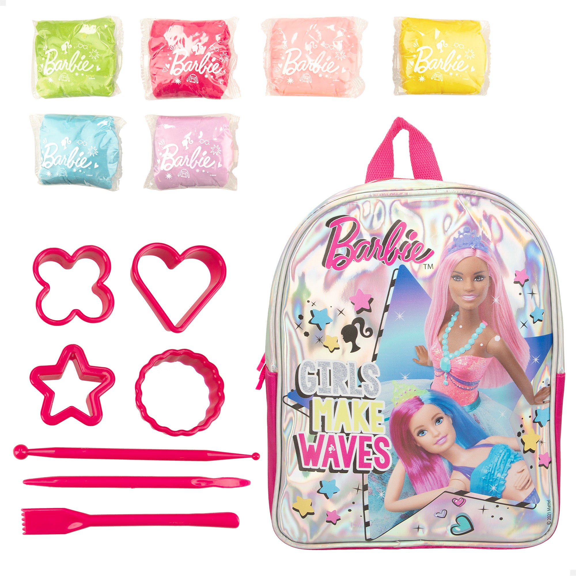 Mochila Barbie com glitter e kit de plasticina com moldes.