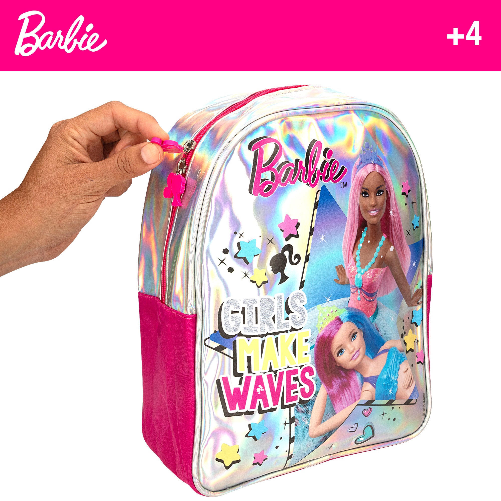 Mochila Barbie com glitter e kit de plasticina com moldes.