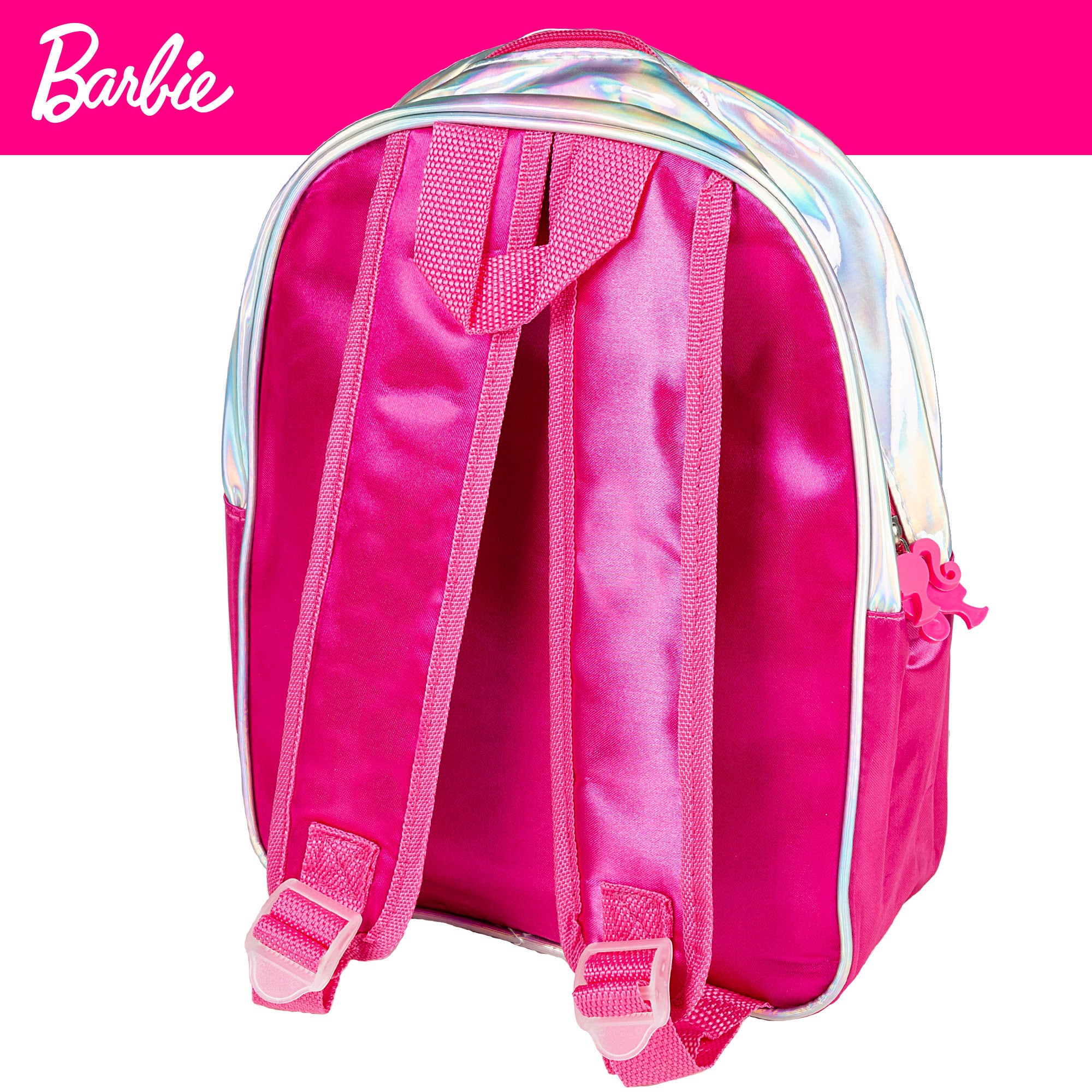 Mochila Barbie com glitter e kit de plasticina com moldes.