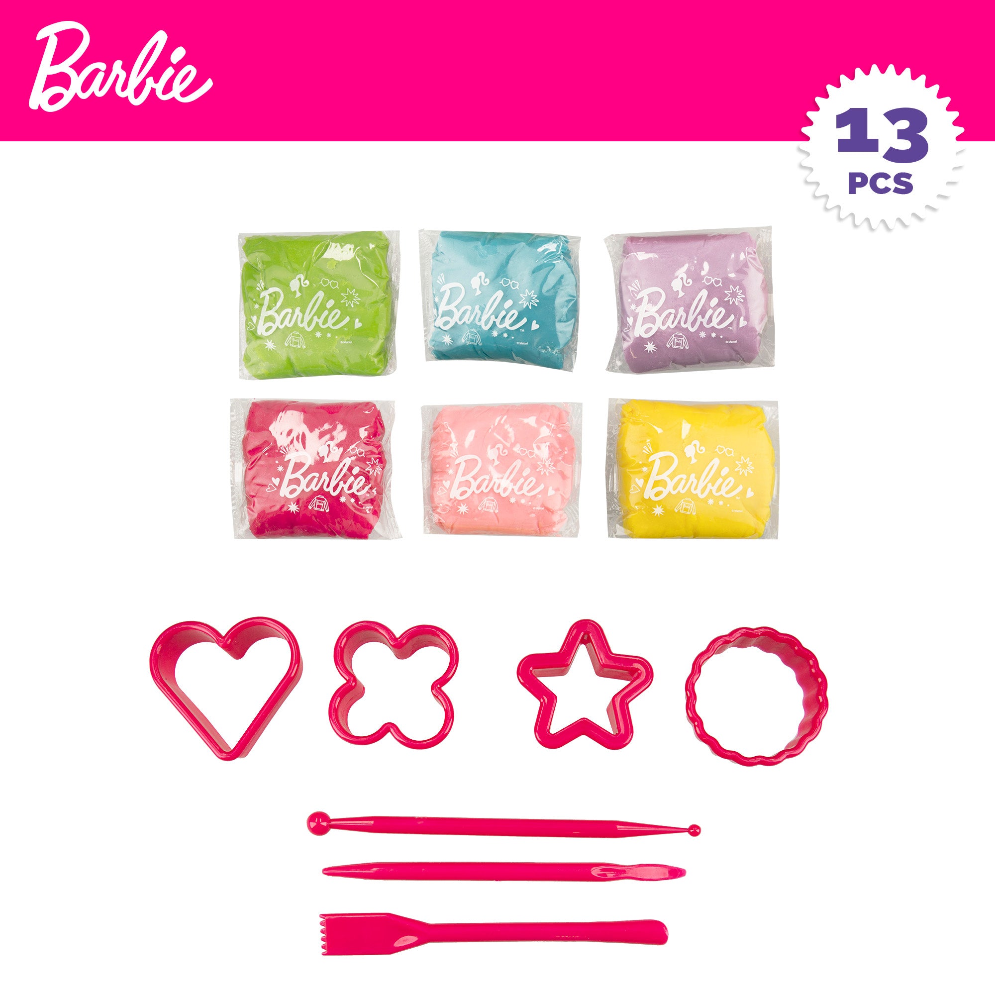 Mochila Barbie com glitter e kit de plasticina com moldes.