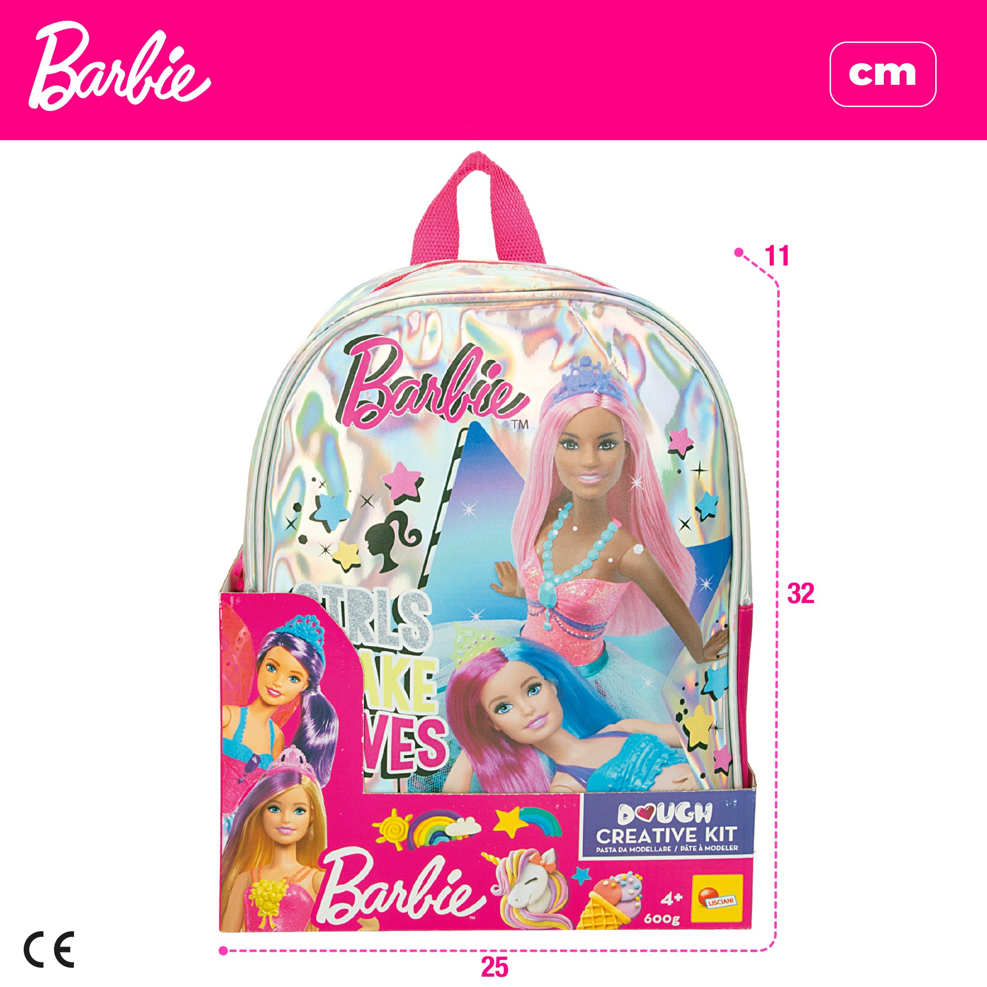 Mochila Barbie com glitter e kit de plasticina com moldes.