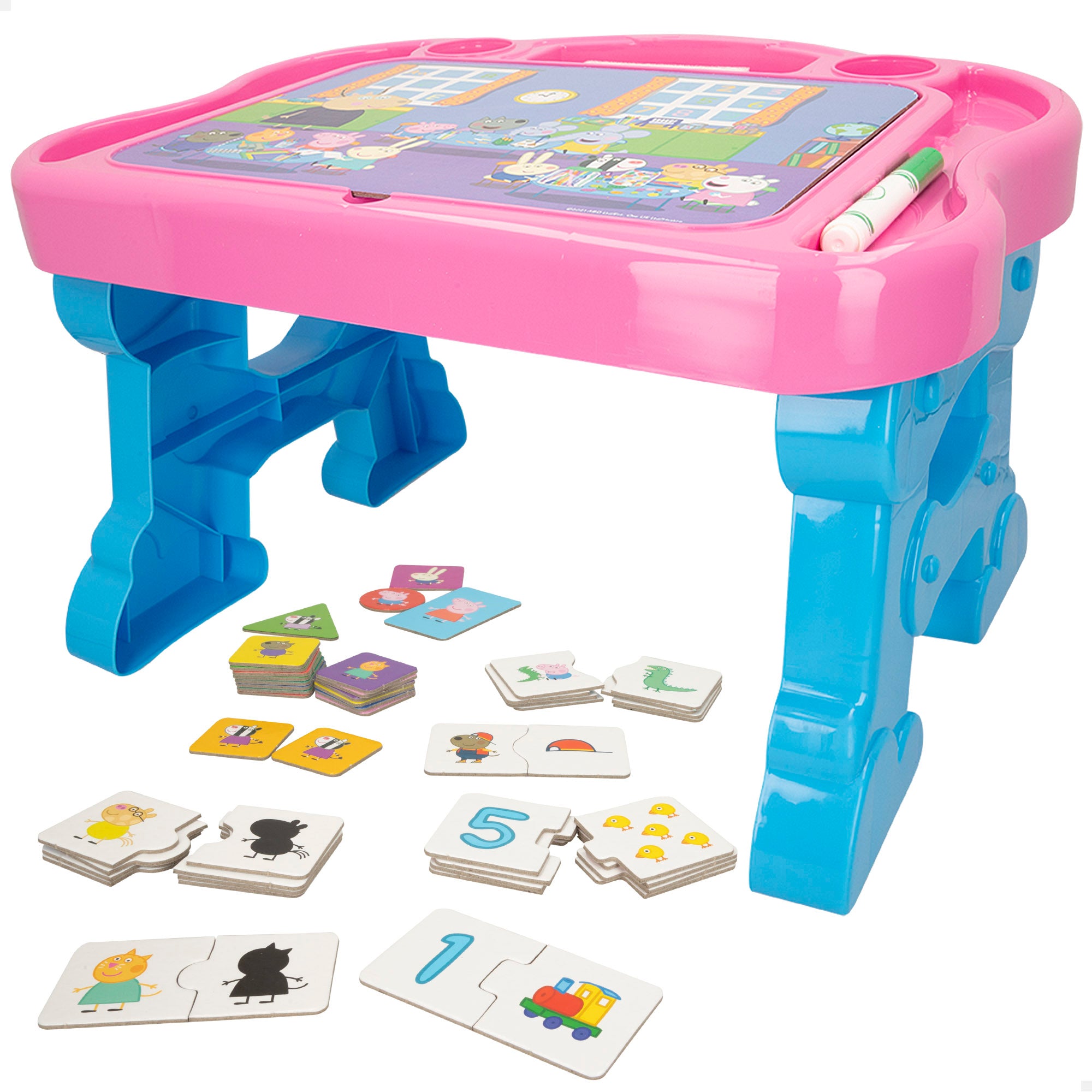 Mesa infantil da Peppa Pig com quadro negro e jogos