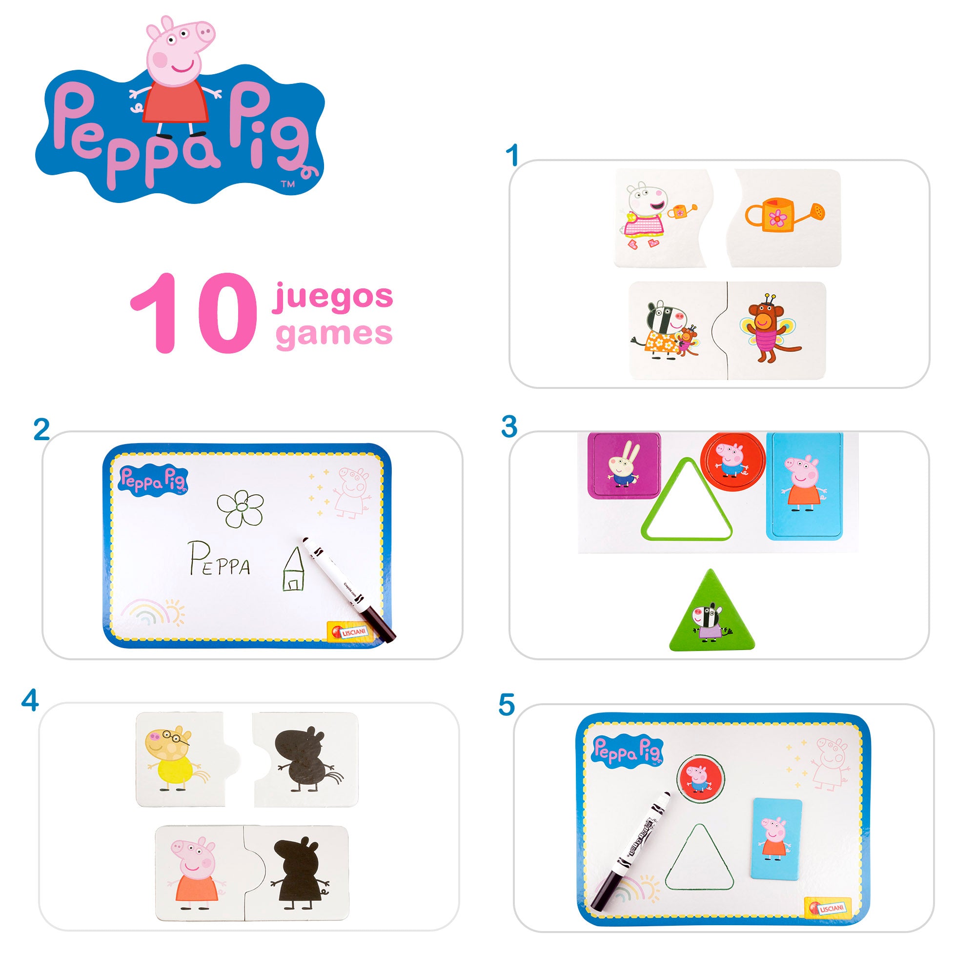 Mesa infantil da Peppa Pig com quadro negro e jogos