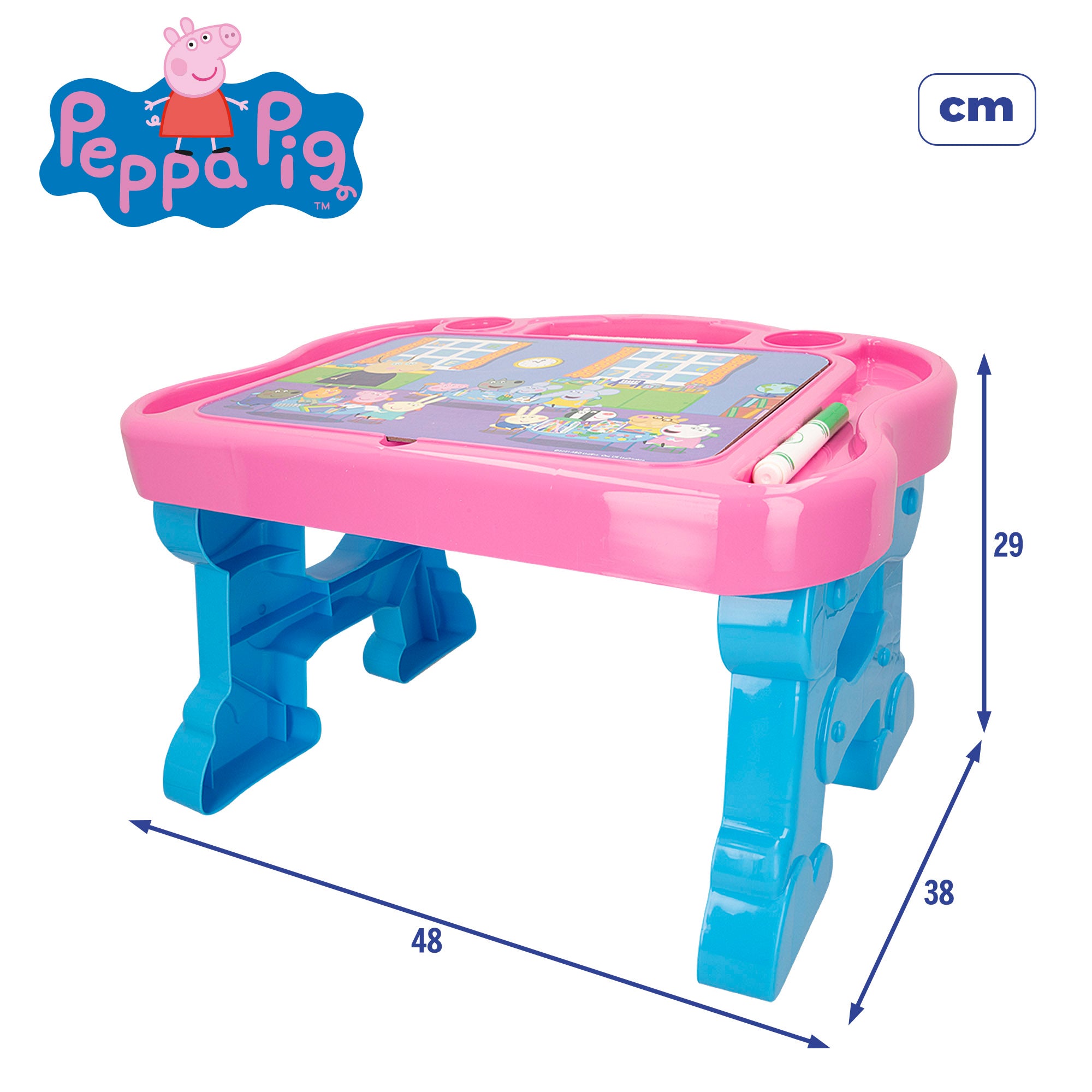 Mesa infantil da Peppa Pig com quadro negro e jogos