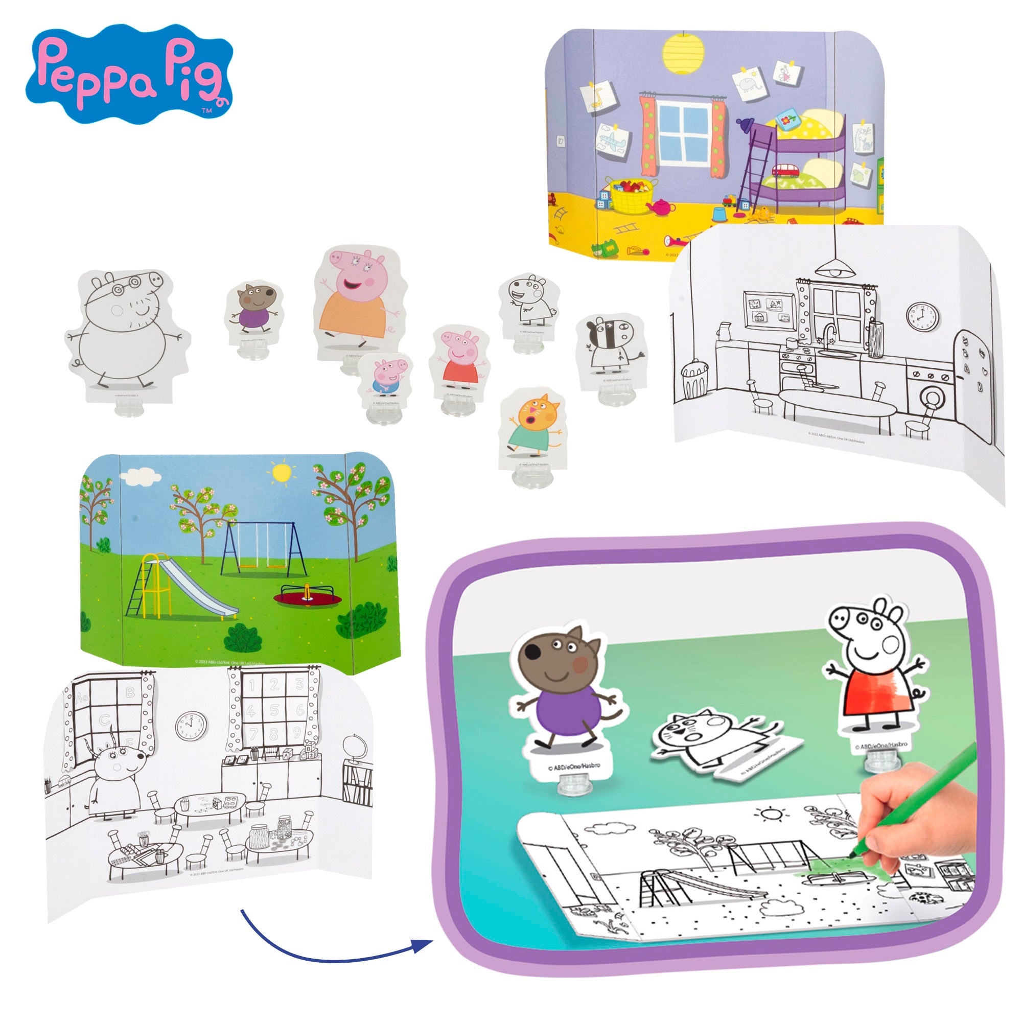 Mochila infantil da Peppa Pig com acessórios para brincar e colorir.