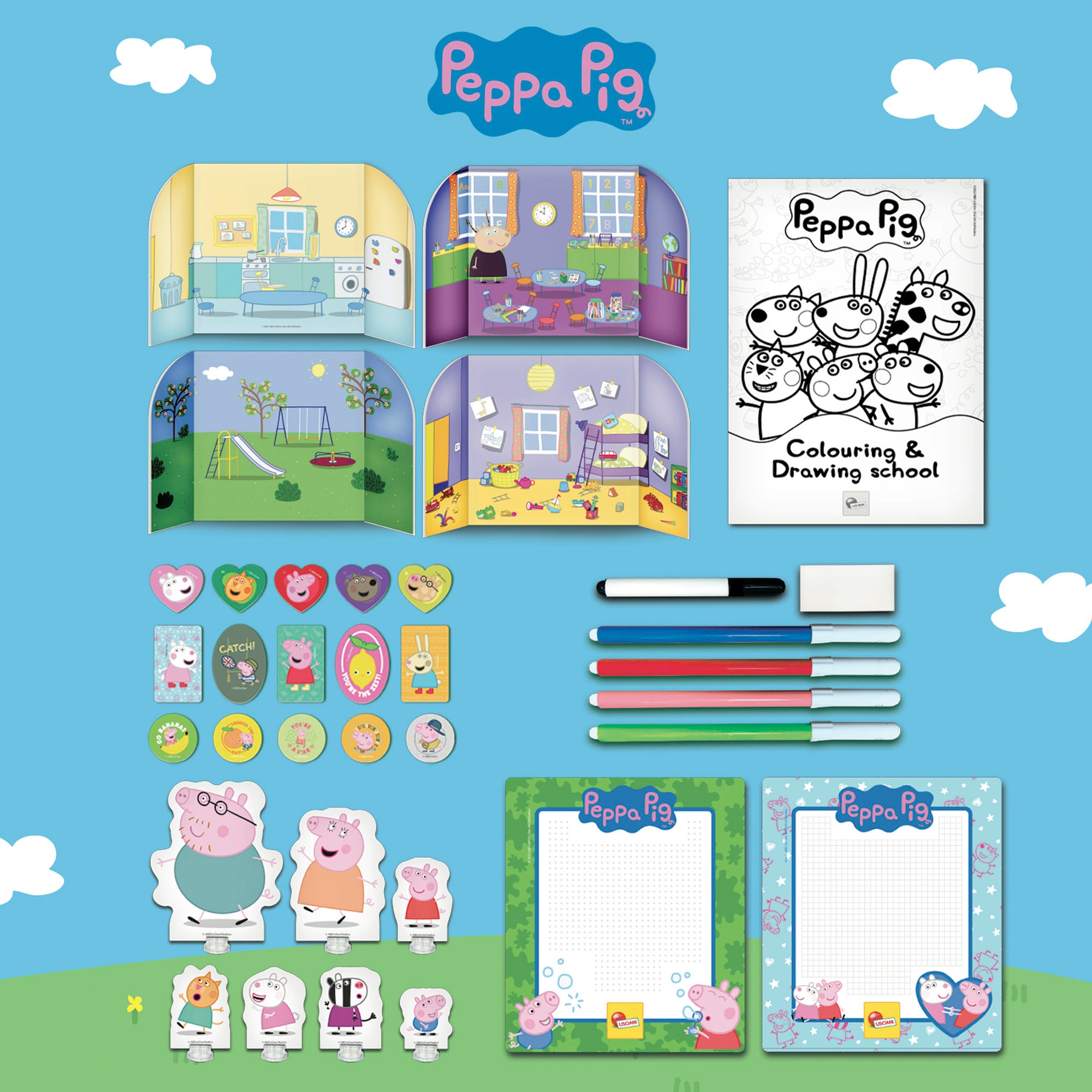 Mochila infantil da Peppa Pig com acessórios para brincar e colorir.