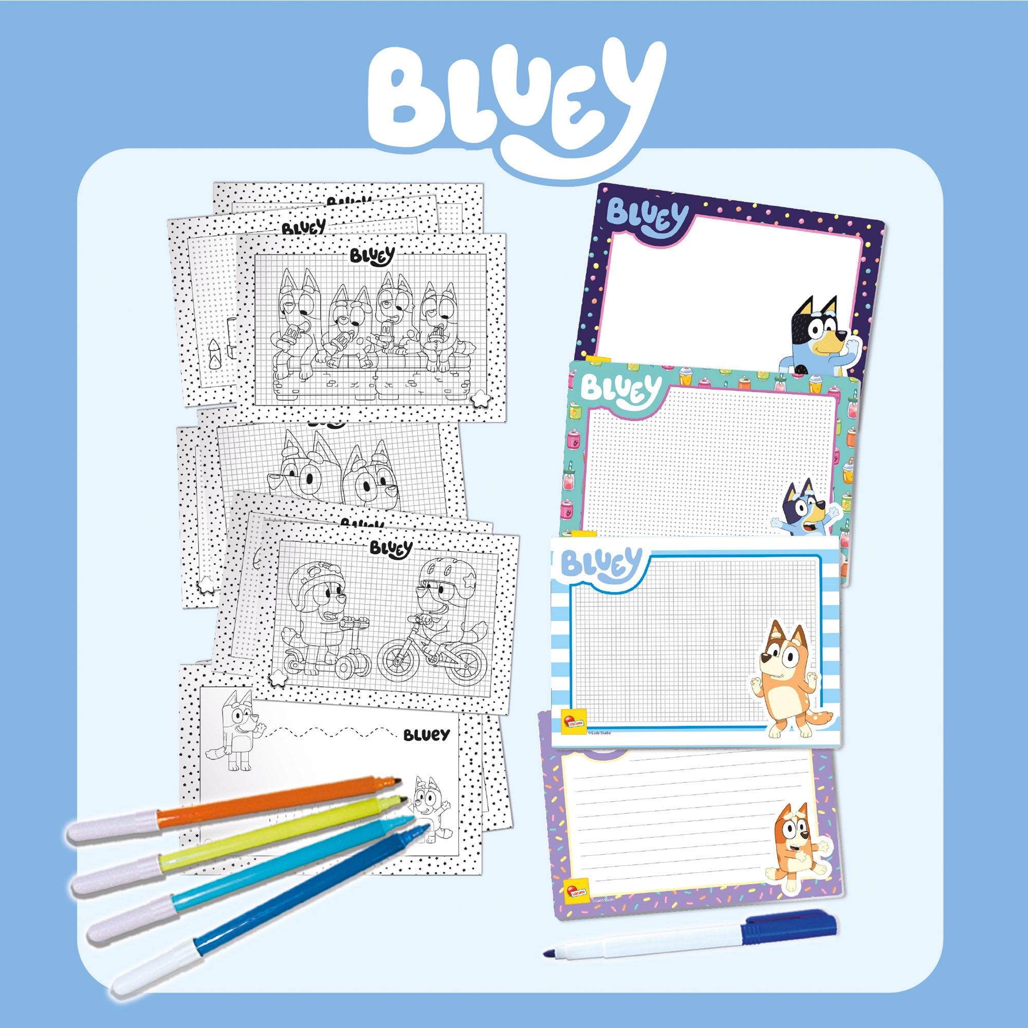 Escola de Desenho Bluey com personagens para colorir