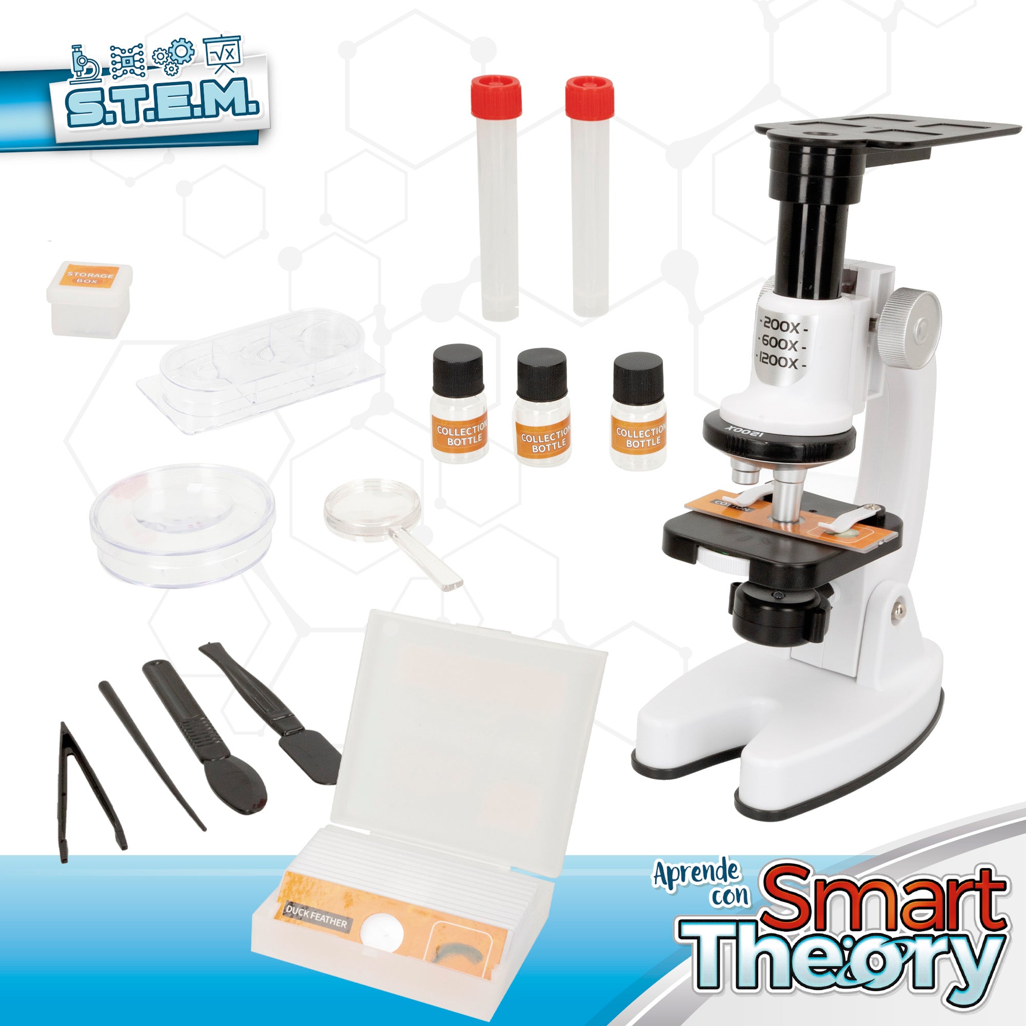 Microscópio de brinquedo Smart Theory com luz LED e suporte para telemóvel.