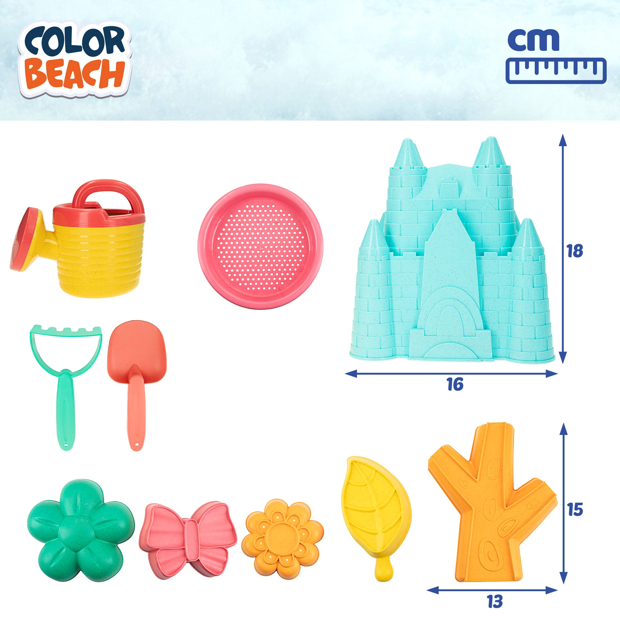 Conjunto de brinquedos de praia com balde e acessórios. Colorido Praia