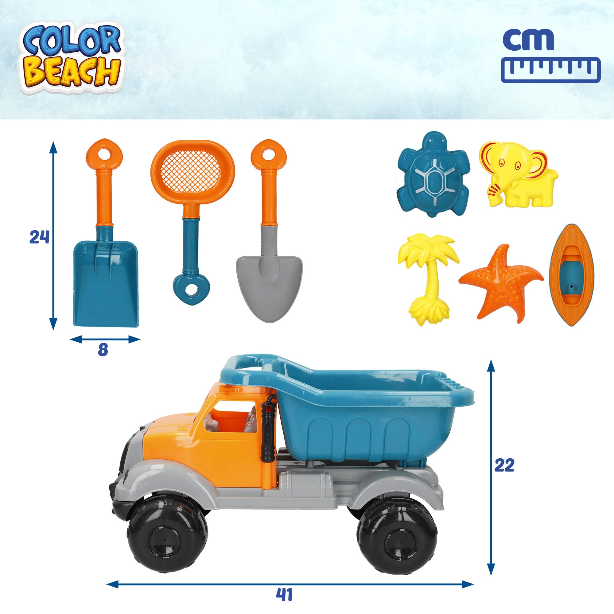 Conjunto de brinquedos de praia: camião com acessórios coloridos.