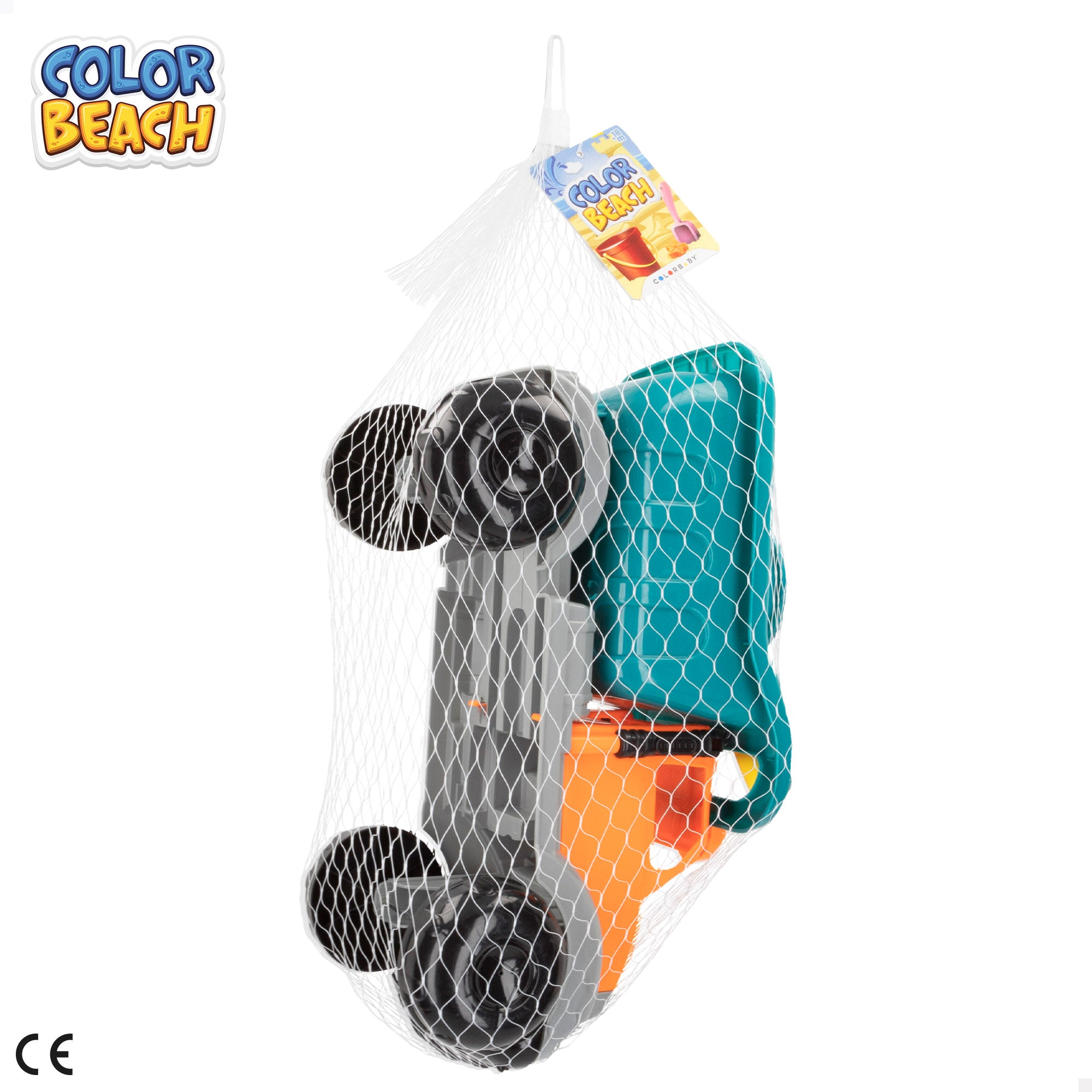 Conjunto de brinquedos de praia: camião com acessórios coloridos.