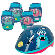 Kit de proteção infantil para patinagem CB Riders Monster, com capacete, joelheiras e cotoveleiras.