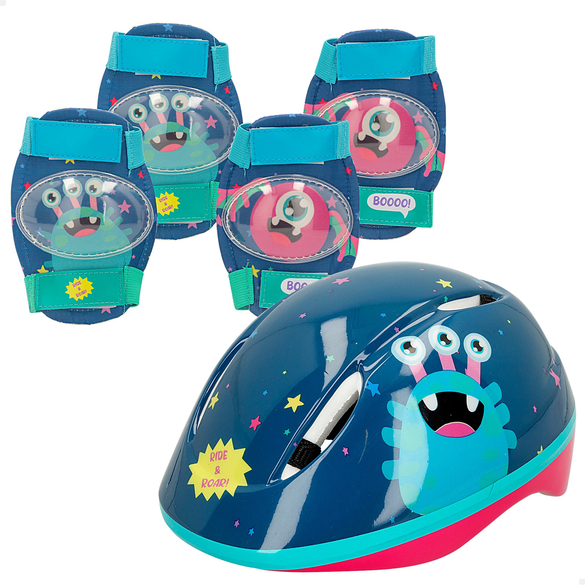 Kit de proteção infantil para patinagem CB Riders Monster, com capacete, joelheiras e cotoveleiras.