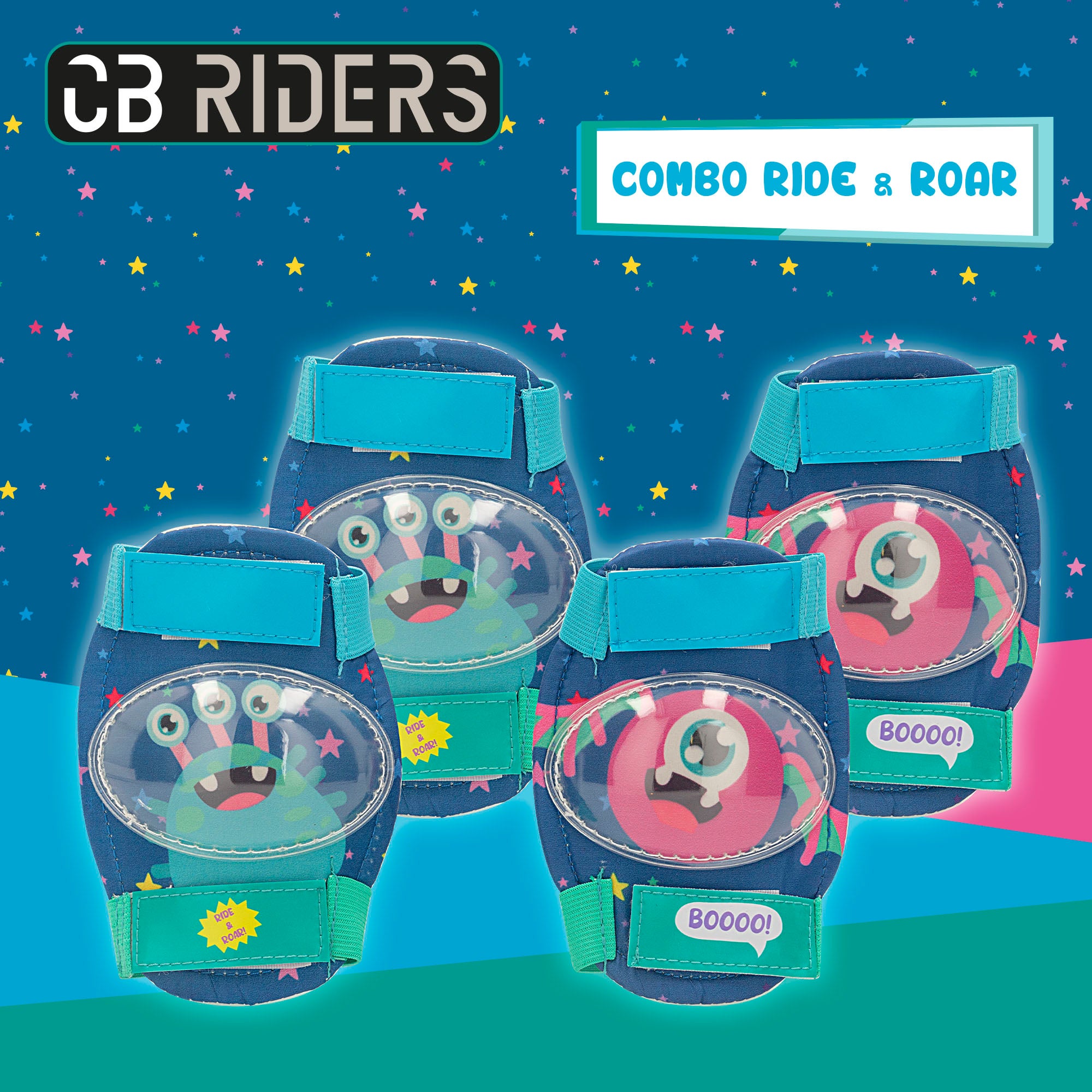 Kit de proteção infantil para patinagem CB Riders Monster, com capacete, joelheiras e cotoveleiras.