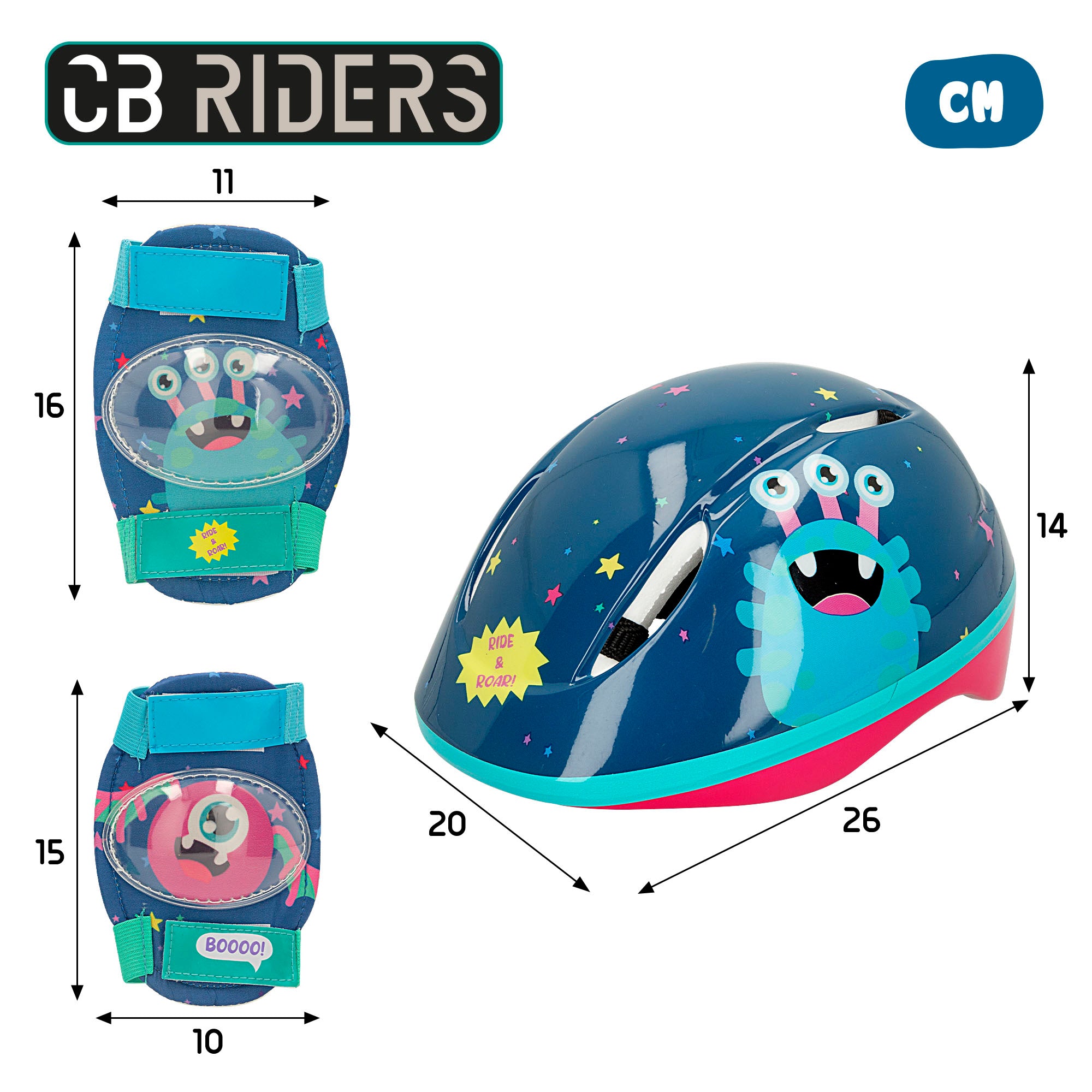 Kit de proteção infantil para patinagem CB Riders Monster, com capacete, joelheiras e cotoveleiras.