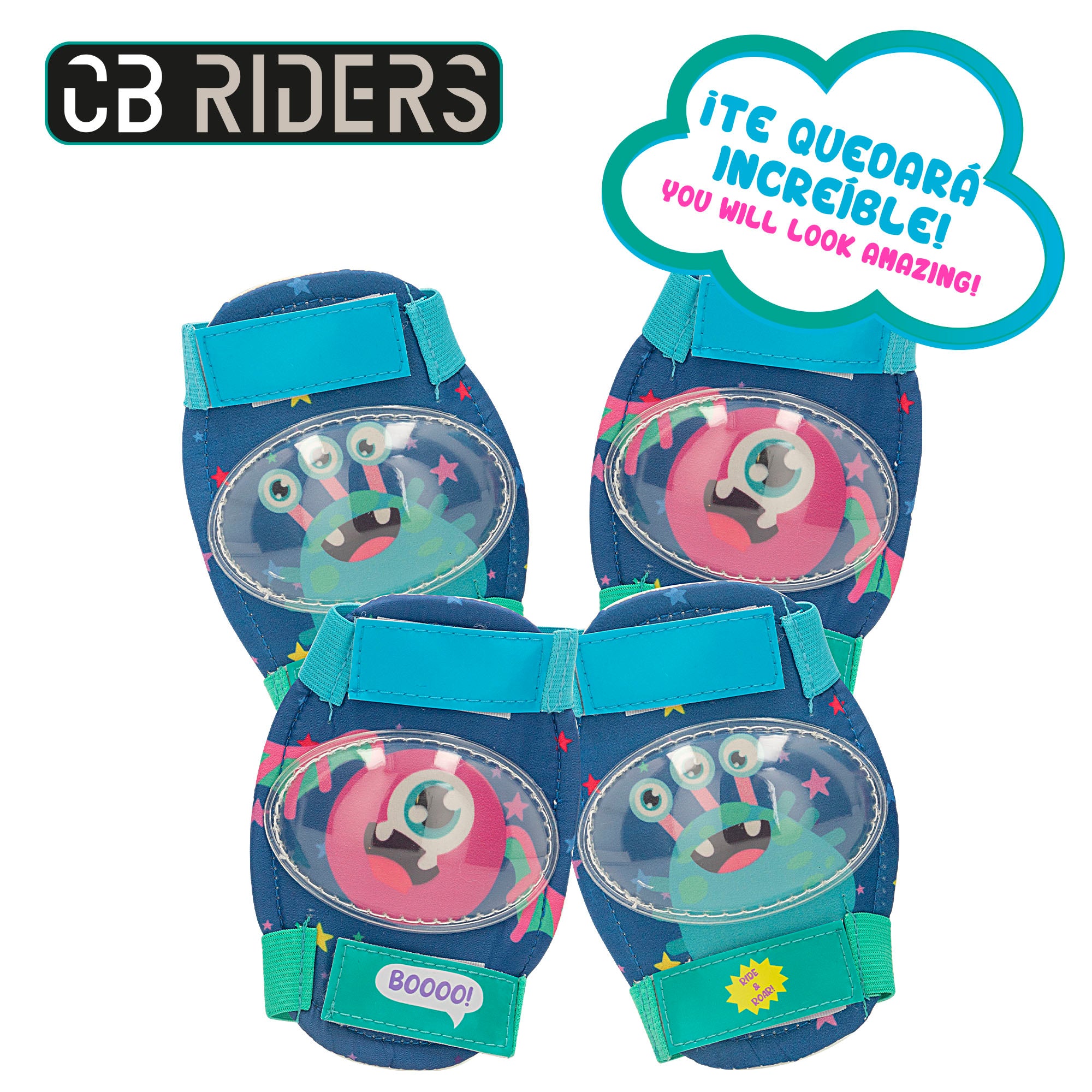 Kit de proteção infantil para patinagem CB Riders Monster, com capacete, joelheiras e cotoveleiras.