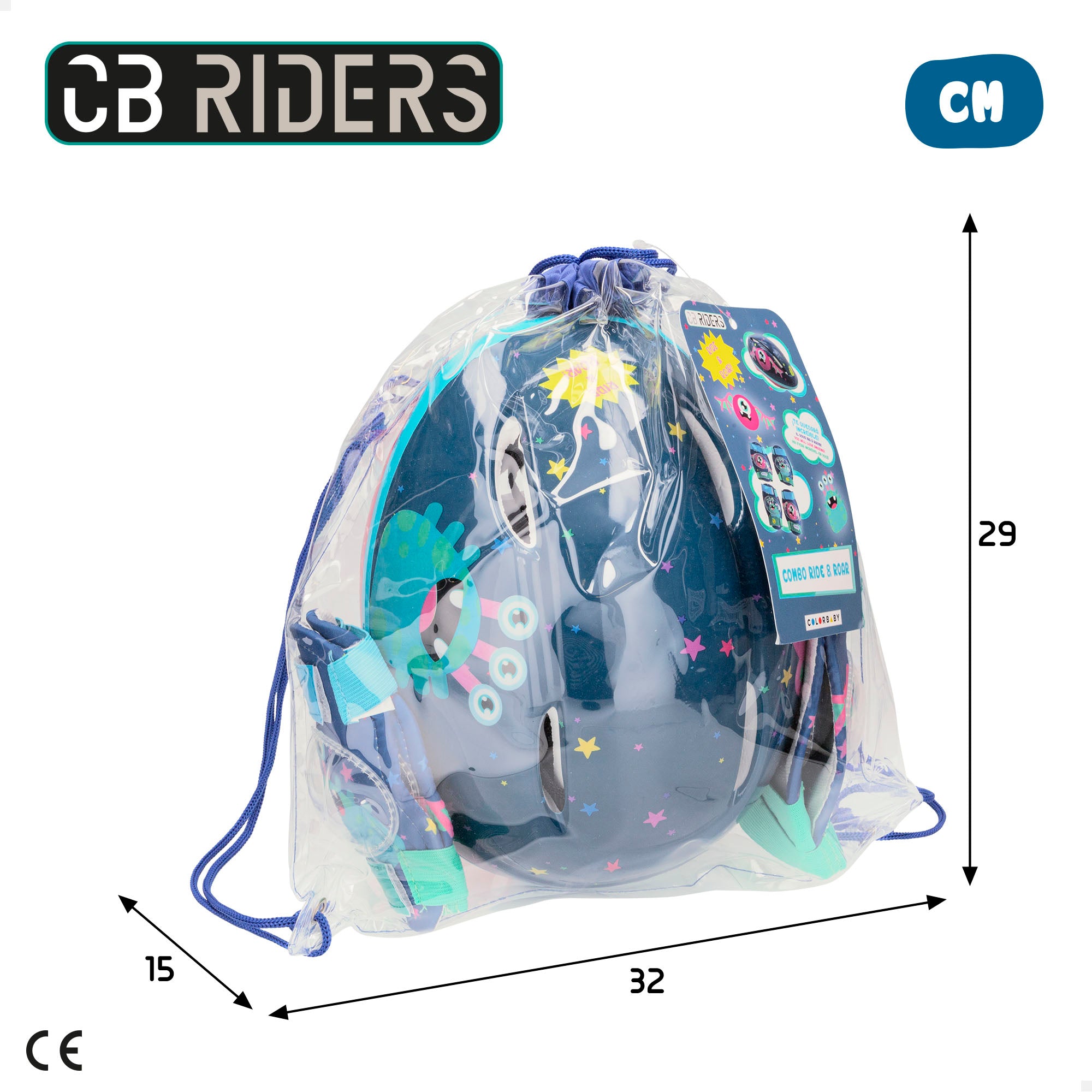 Kit de proteção infantil para patinagem CB Riders Monster, com capacete, joelheiras e cotoveleiras.