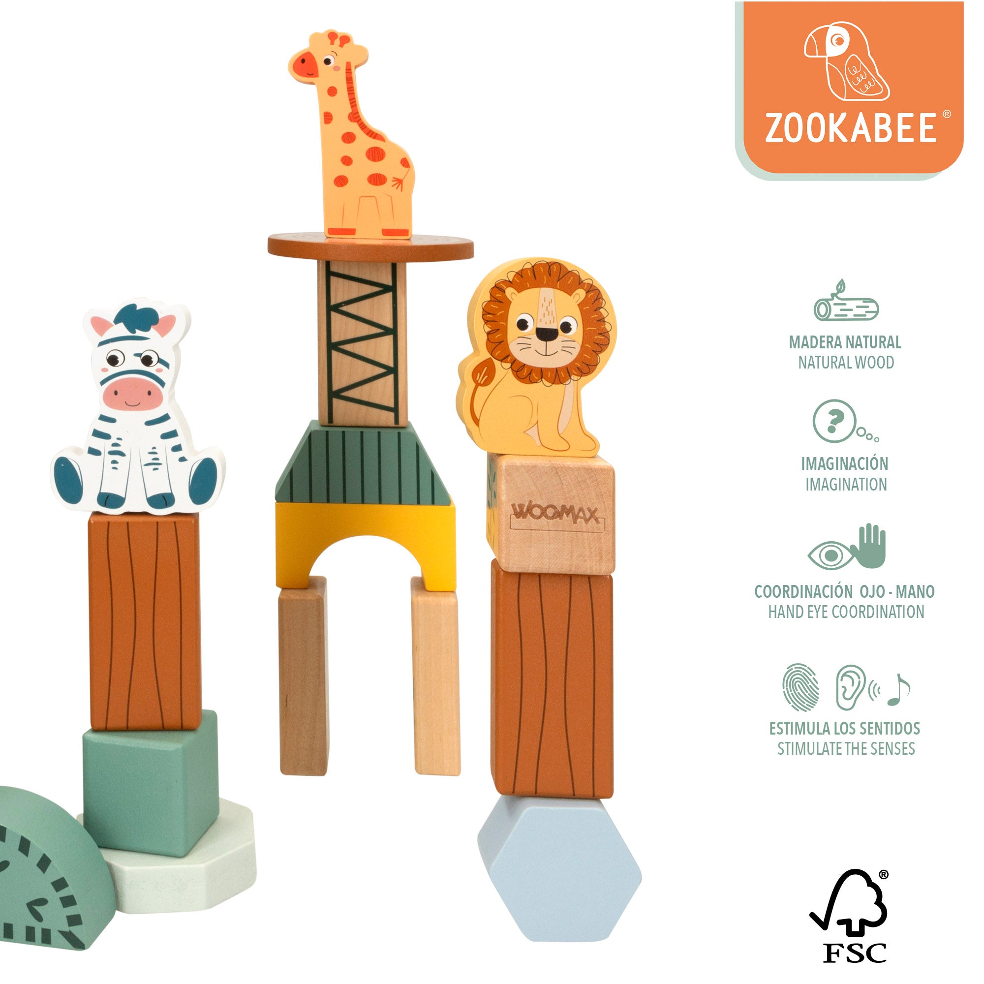 Conjunto de Blocos de Madeira WOOMAX Zookabee Animais da Selva - 28 Peças