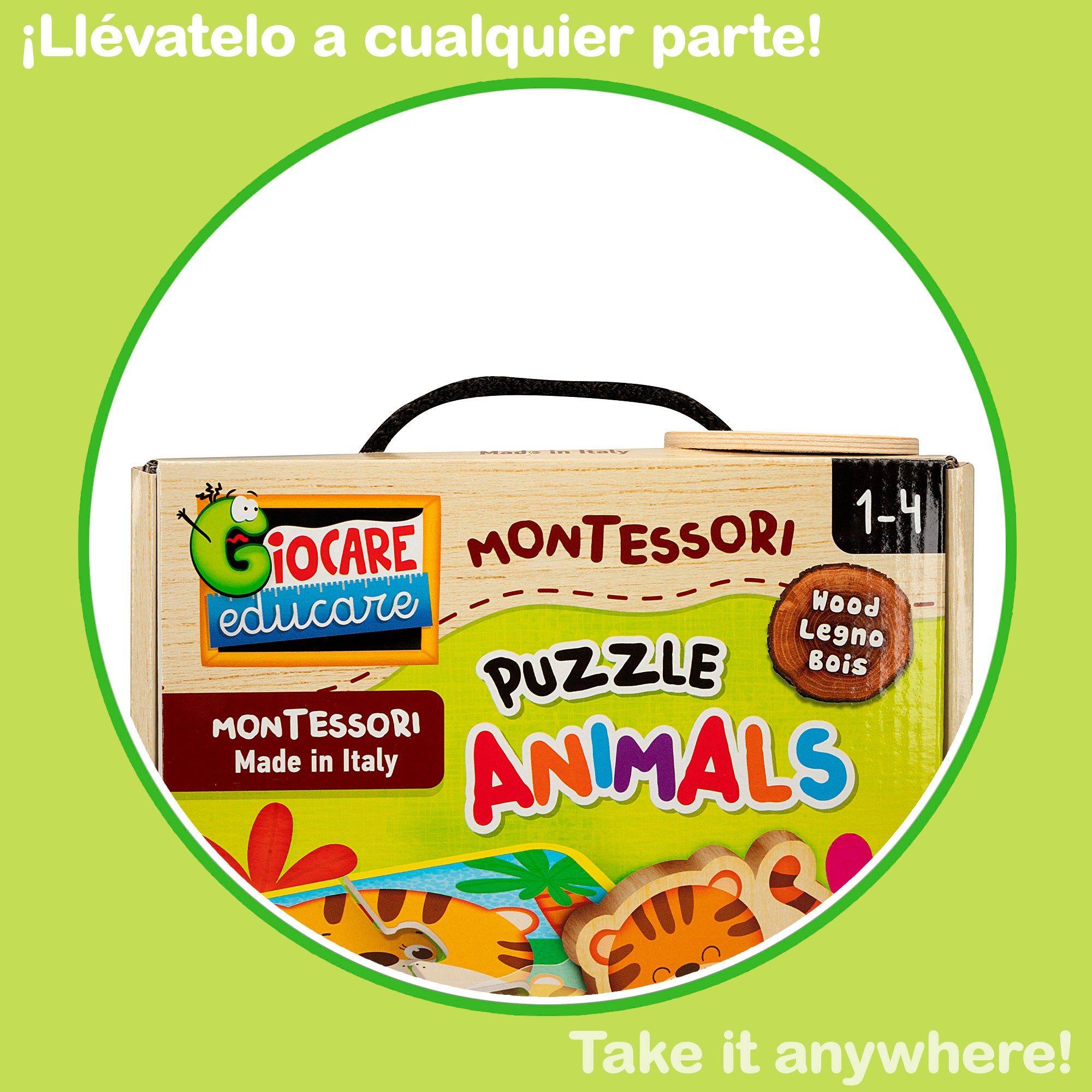 Puzzle Montessori Lisciani com 4 animais, 4 peças com 4 animais de madeira.