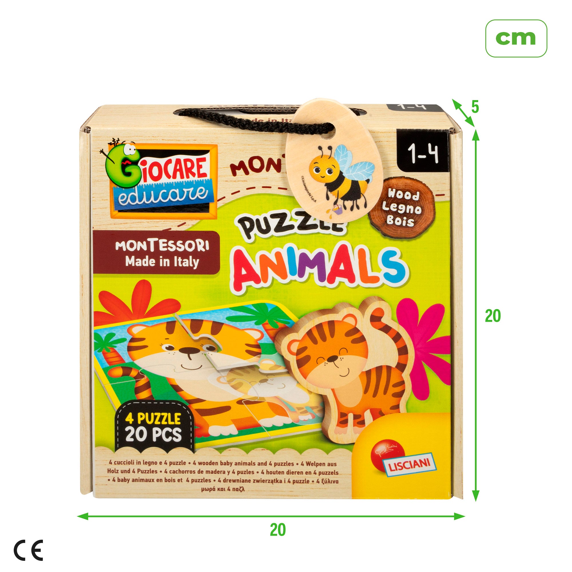 Puzzle Montessori Lisciani com 4 animais, 4 peças com 4 animais de madeira.