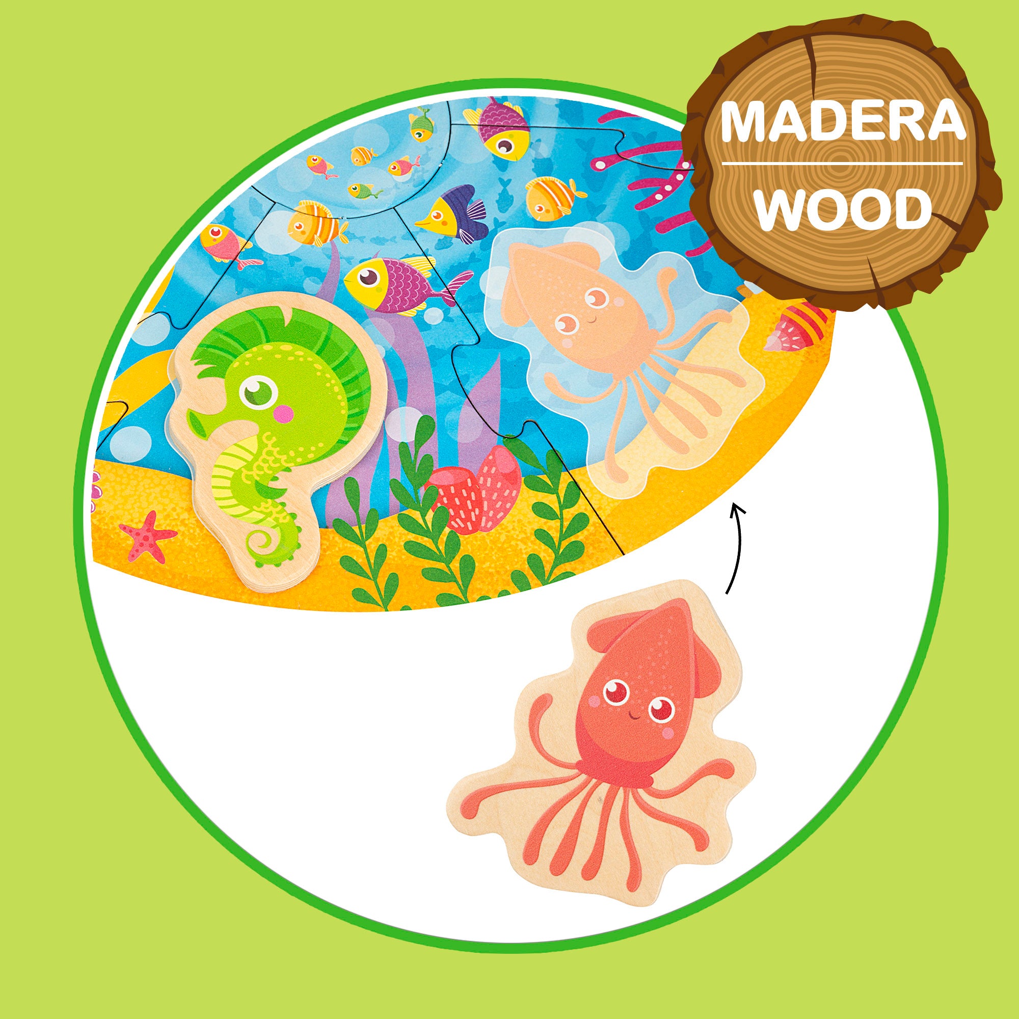 Puzzle Montessori Lisciani Redondo Marinho, 7 Peças com 6 Animais de Madeira