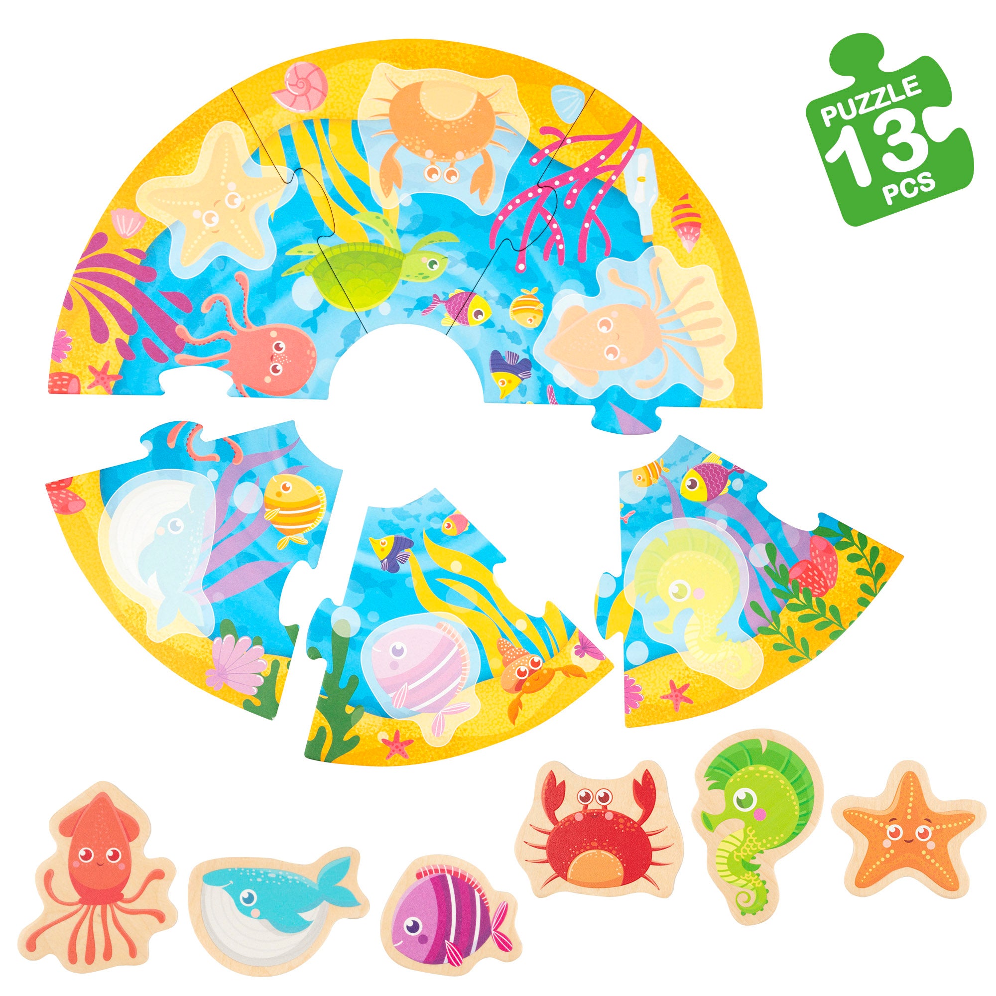 Puzzle Montessori Lisciani Redondo Marinho, 7 Peças com 6 Animais de Madeira