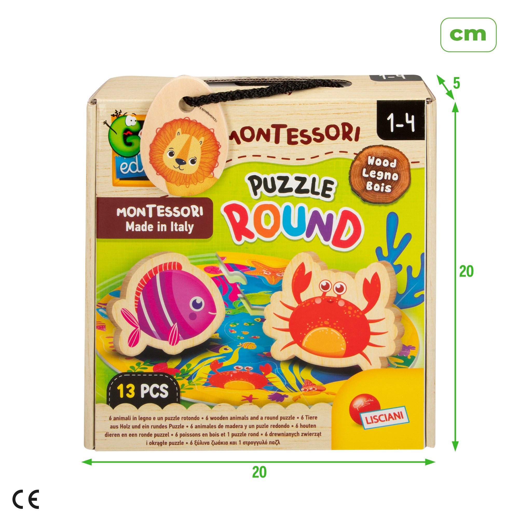 Puzzle Montessori Lisciani Redondo Marinho, 7 Peças com 6 Animais de Madeira