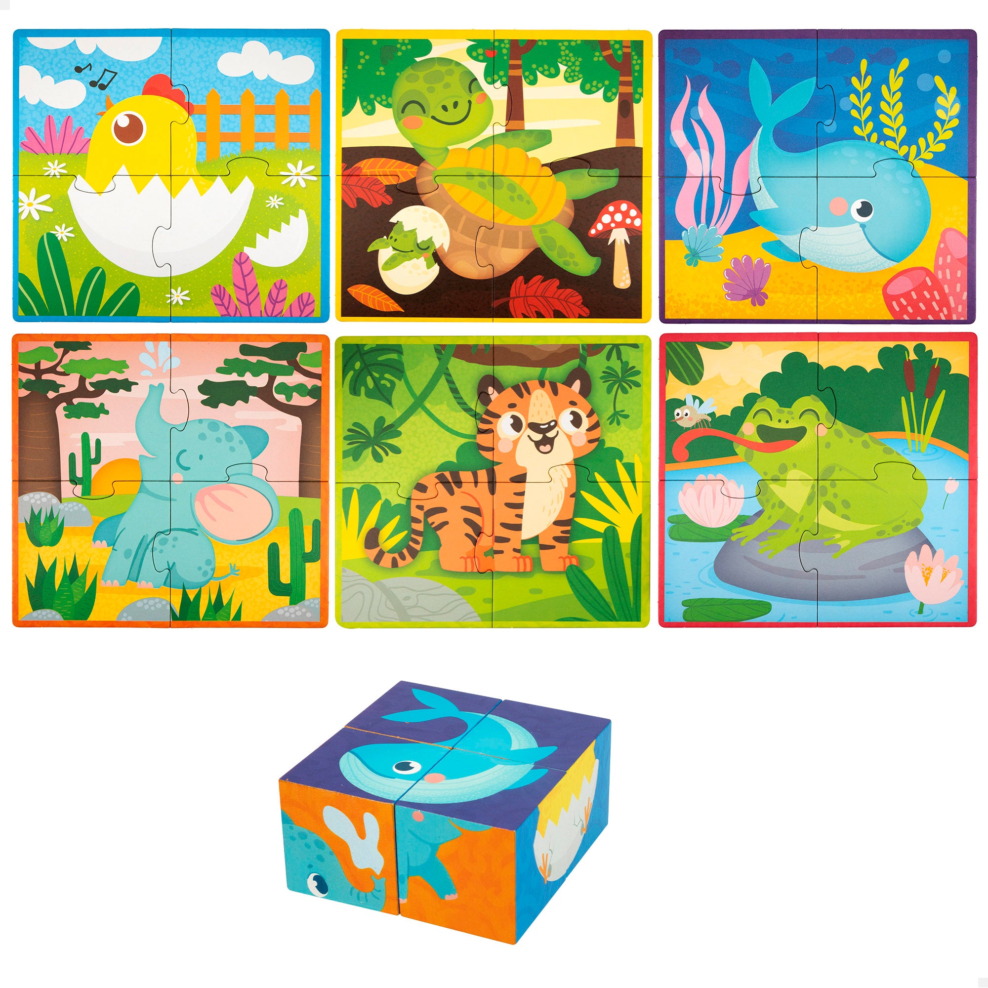 Puzzles Montessori Lisciani 6 Animais, 4 peças com 4 cubos de madeira