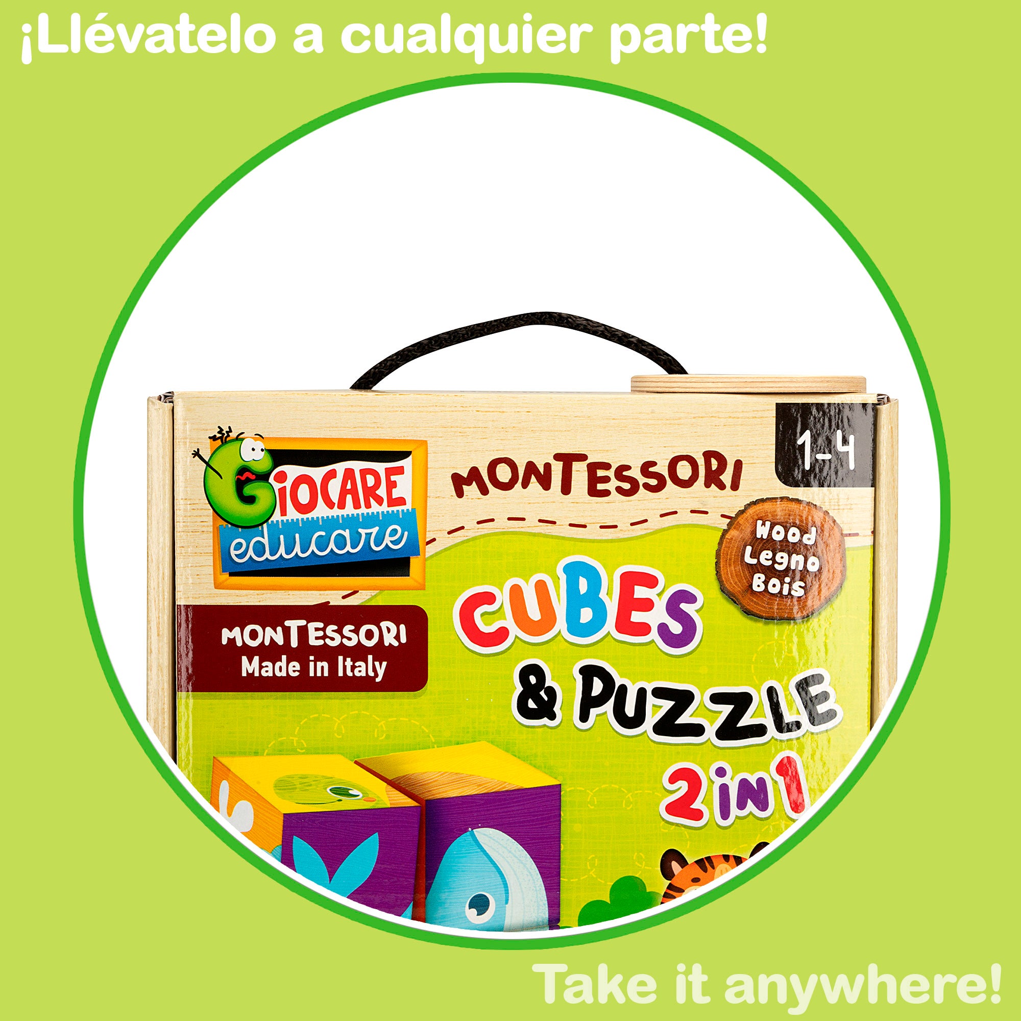 Puzzles Montessori Lisciani 6 Animais, 4 peças com 4 cubos de madeira
