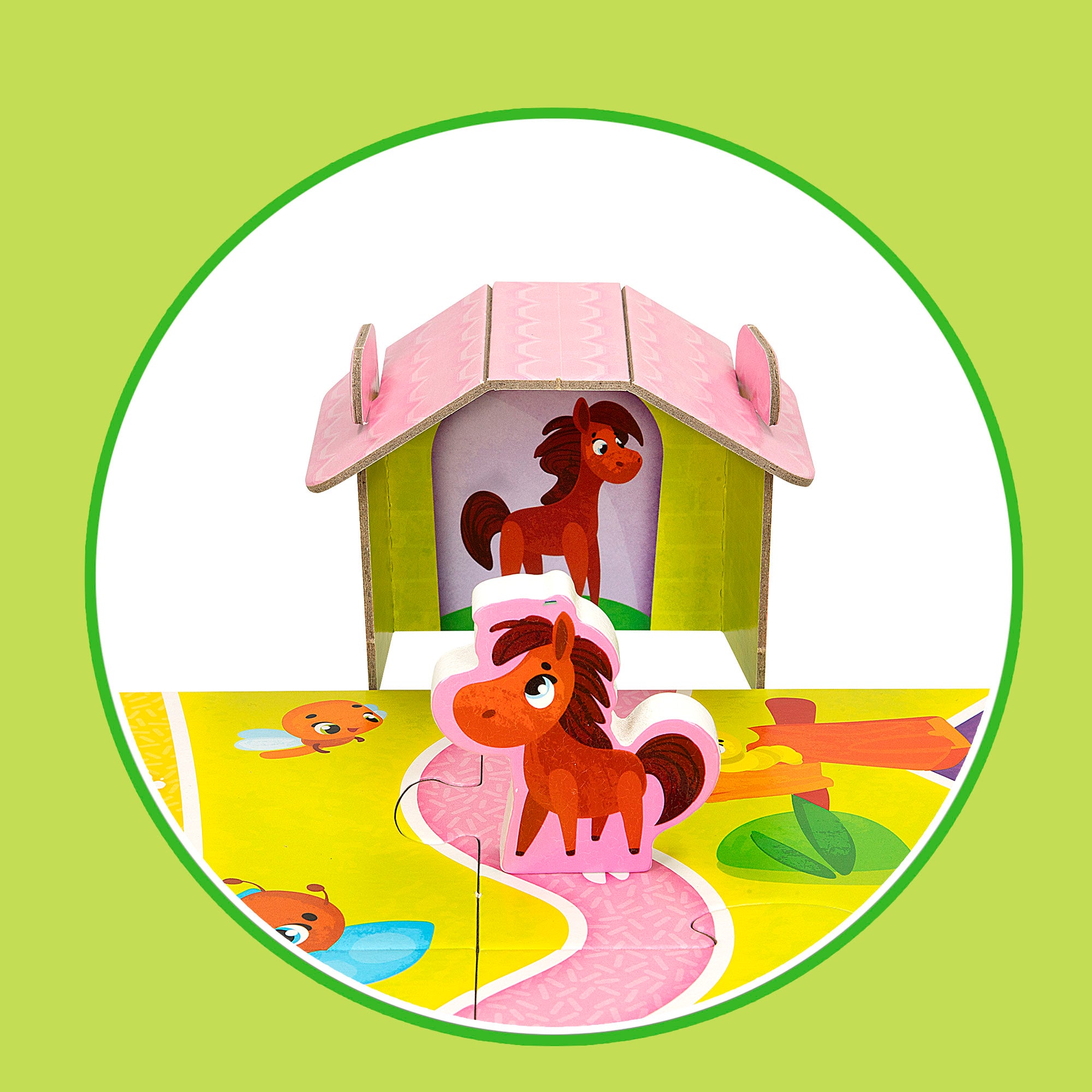 Puzzle Montessori Lisciani Farm, 12 peças, com 5 animais de madeira e 5 casas 3D.