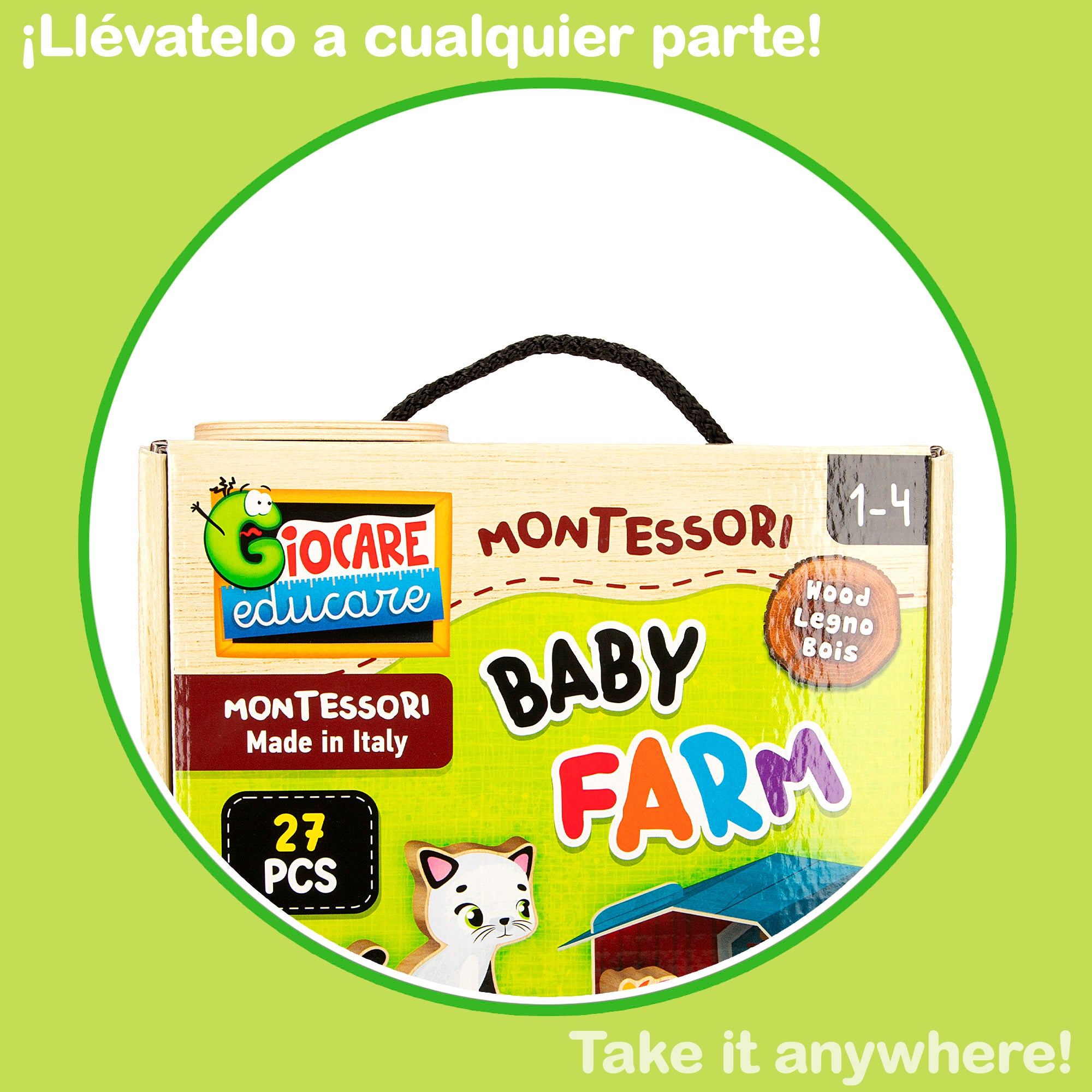 Puzzle Montessori Lisciani Farm, 12 peças, com 5 animais de madeira e 5 casas 3D.