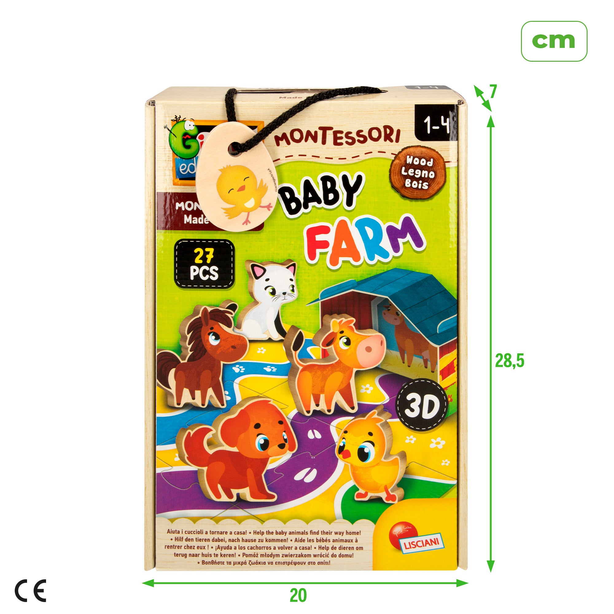 Puzzle Montessori Lisciani Farm, 12 peças, com 5 animais de madeira e 5 casas 3D.