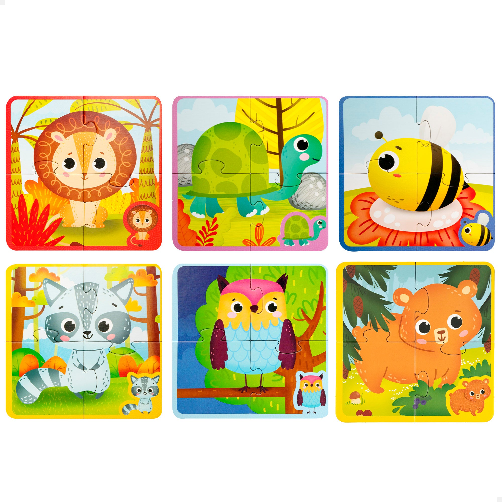 Conjunto Montessori Lisciani com 6 puzzles de animais, 4 peças