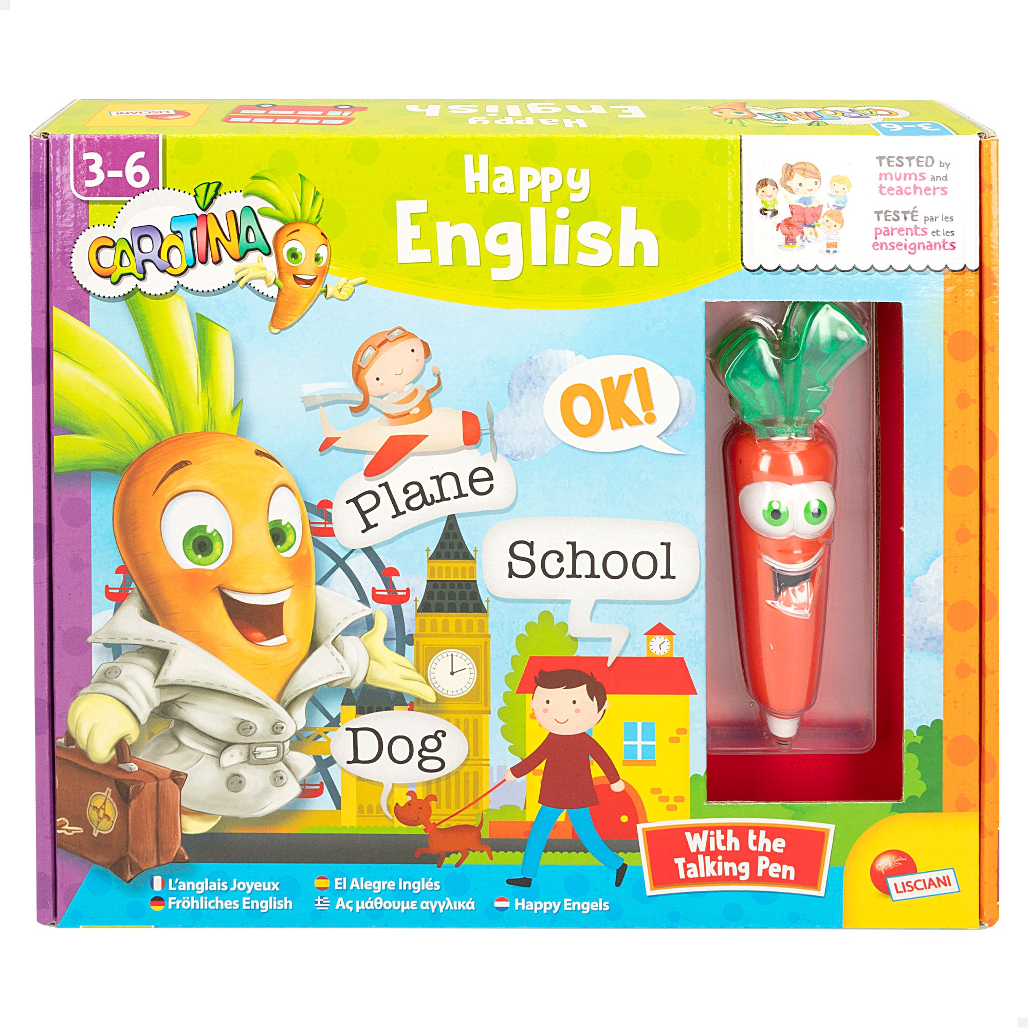 Jogo de tabuleiro 2 em 1 para aprendizagem de inglês Lisciani com caneta falante Carotina