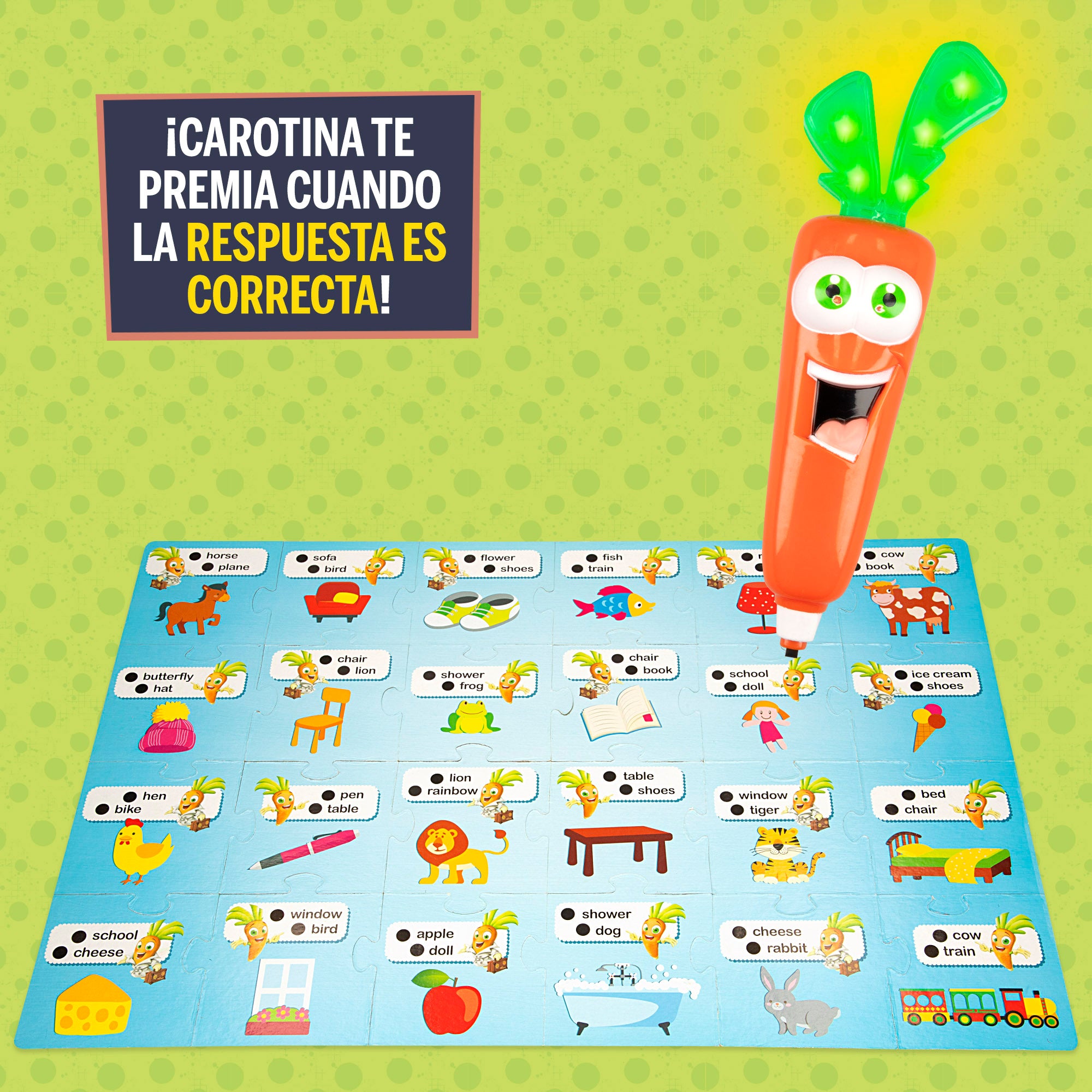 Jogo de tabuleiro 2 em 1 para aprendizagem de inglês Lisciani com caneta falante Carotina