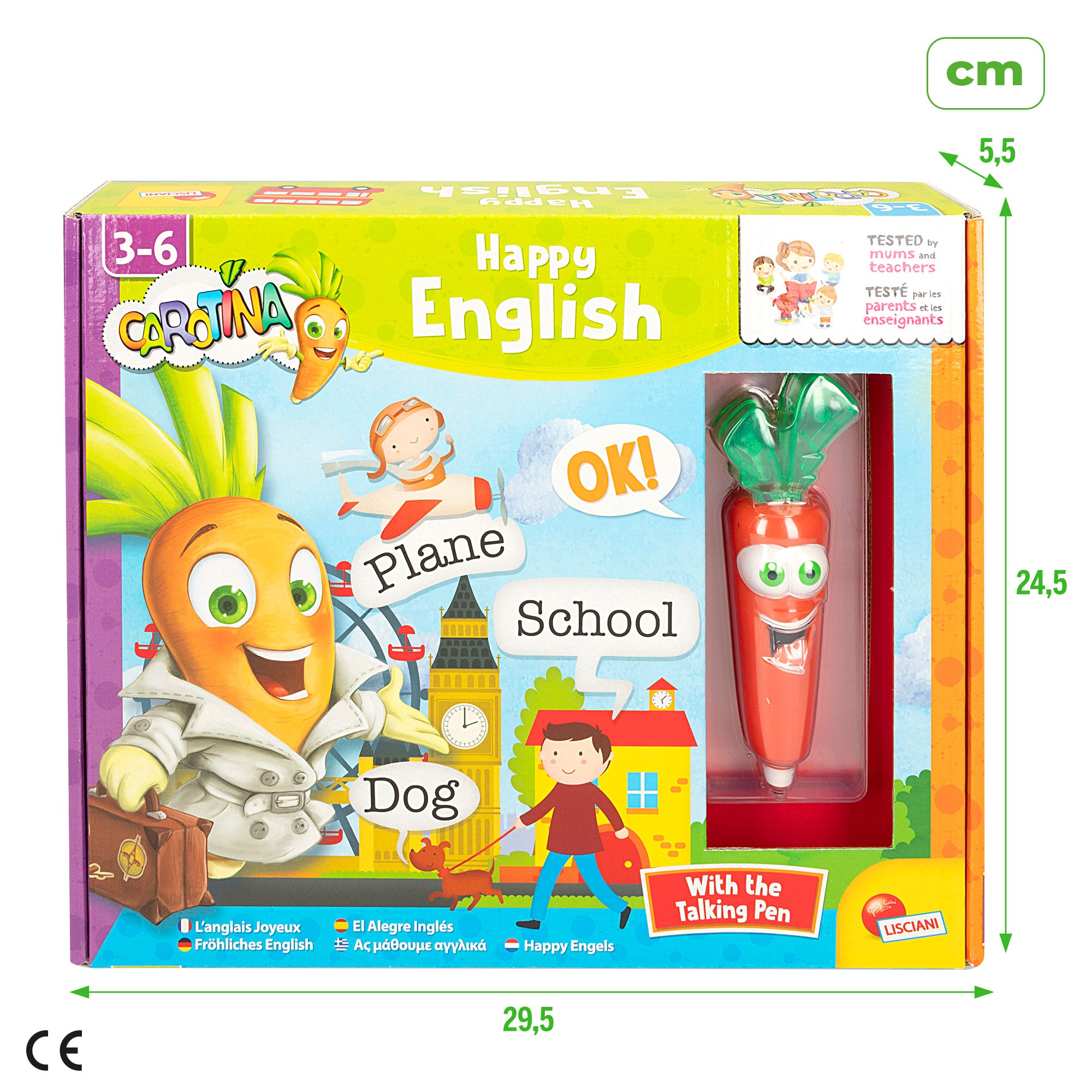 Jogo de tabuleiro 2 em 1 para aprendizagem de inglês Lisciani com caneta falante Carotina