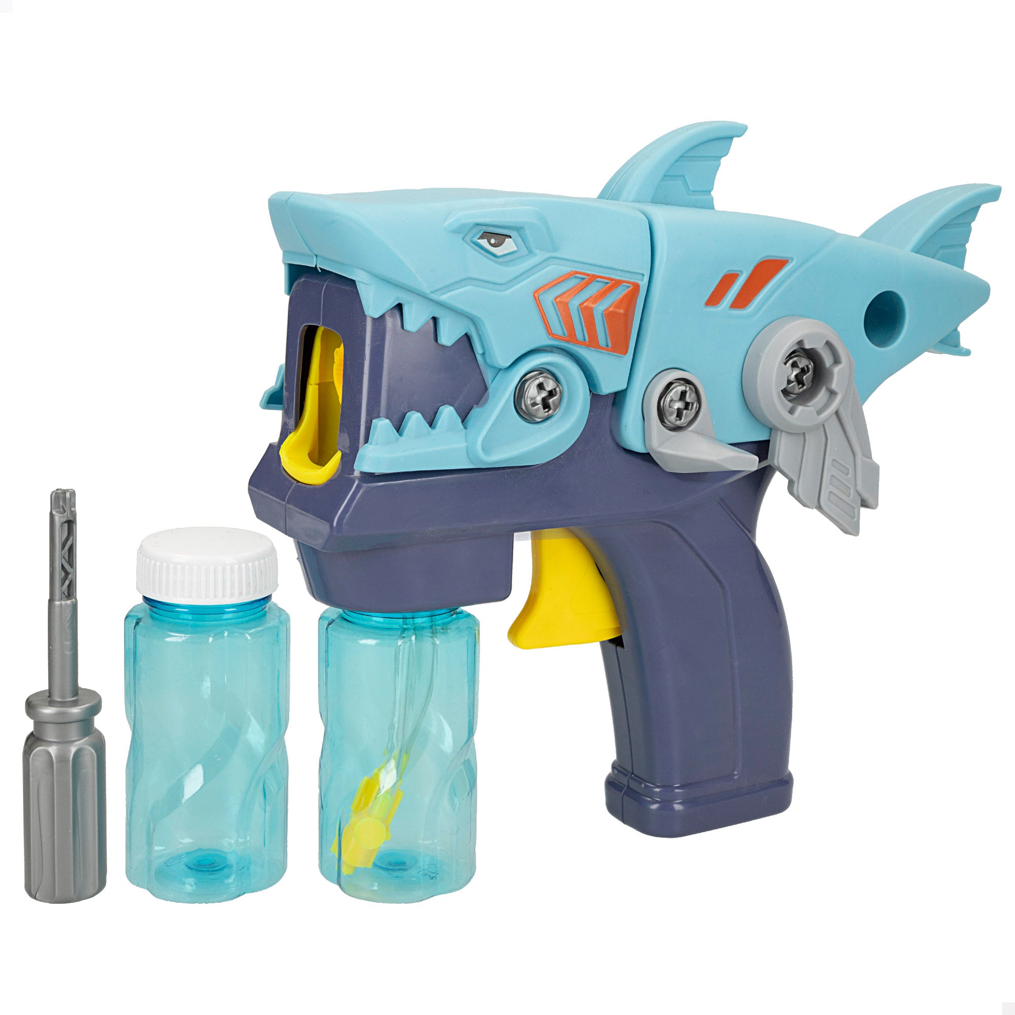 Pistola de bolas de sabão em forma de tubarão, recarregável e destacável, 20 cm, bolas coloridas.