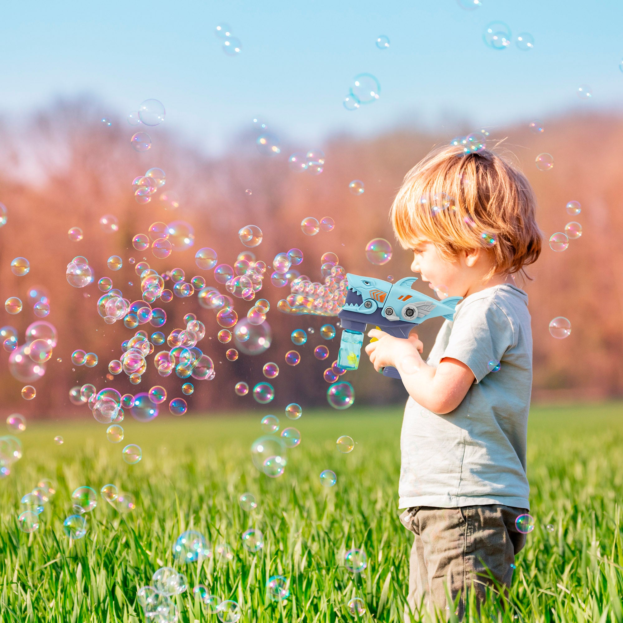 Pistola de bolas de sabão em forma de tubarão, recarregável e destacável, 20 cm, bolas coloridas.