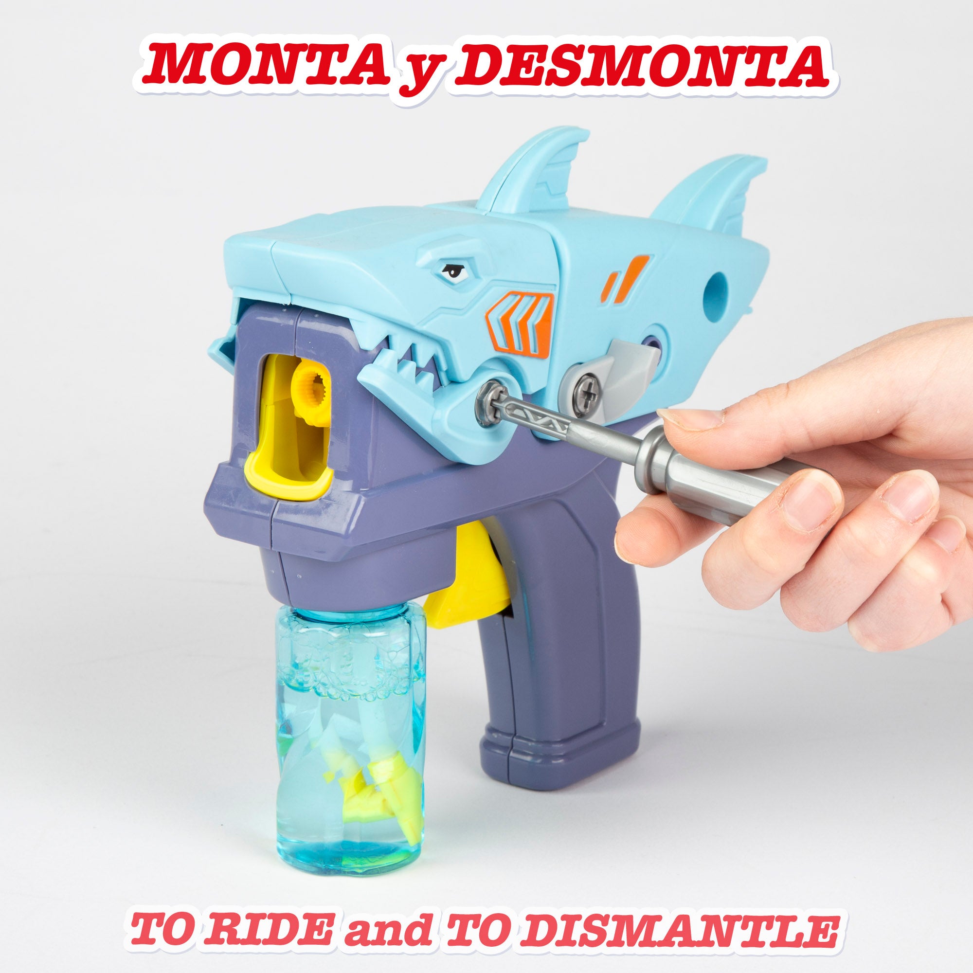 Pistola de bolas de sabão em forma de tubarão, recarregável e destacável, 20 cm, bolas coloridas.