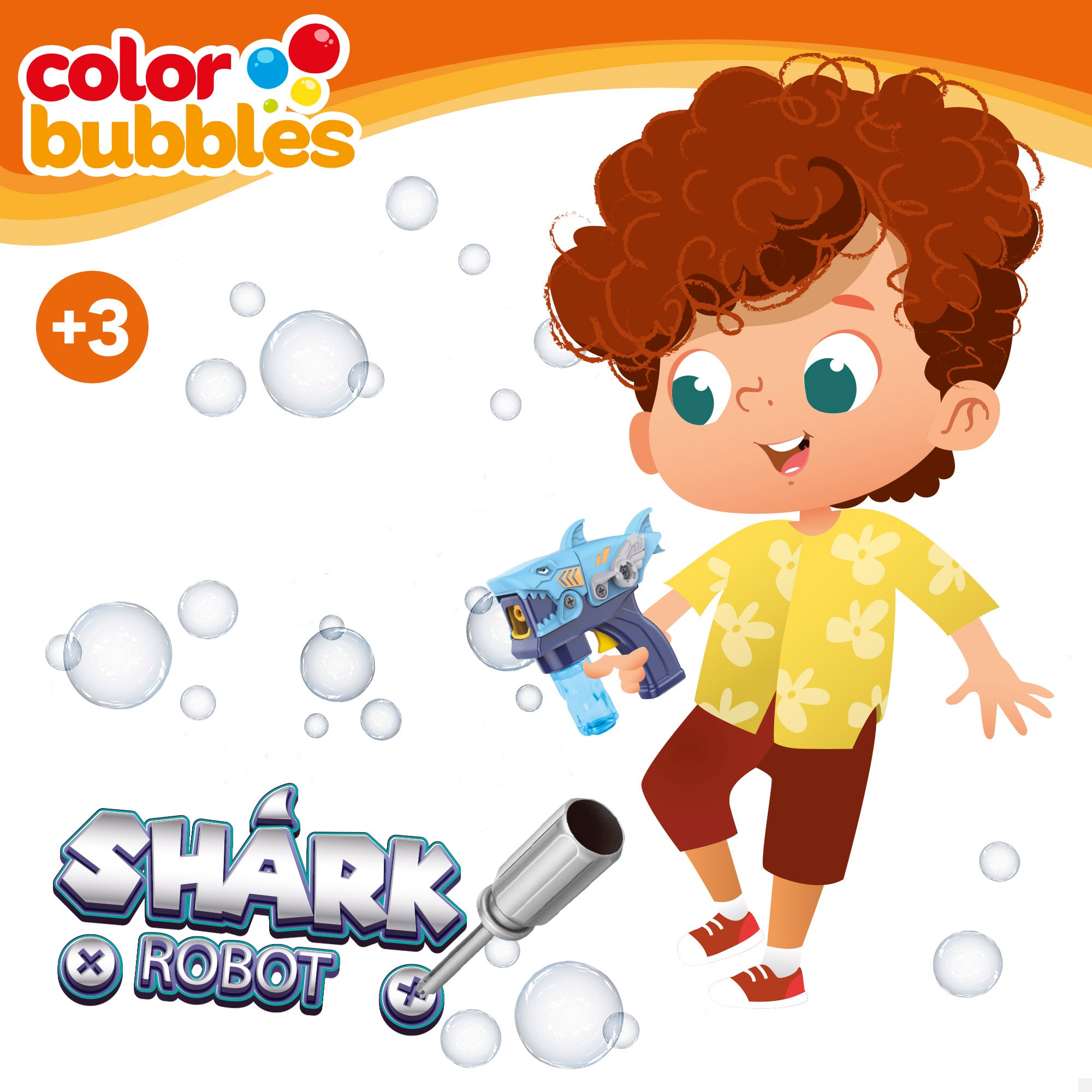 Pistola de bolas de sabão em forma de tubarão, recarregável e destacável, 20 cm, bolas coloridas.