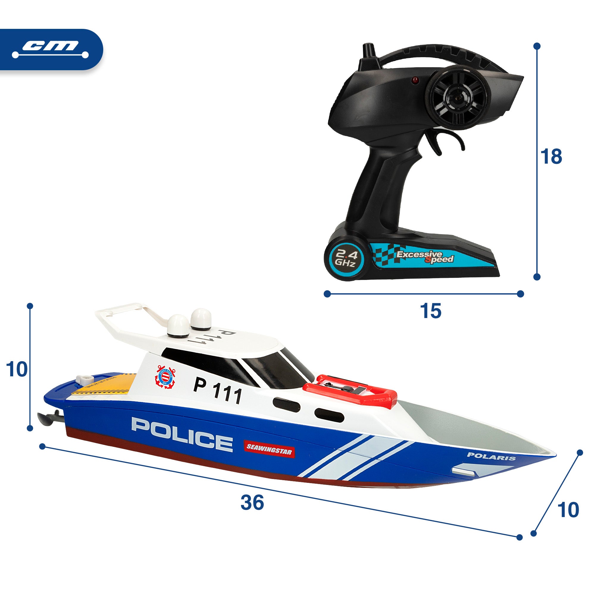 Barco de corrida policial de 36 cm com comando