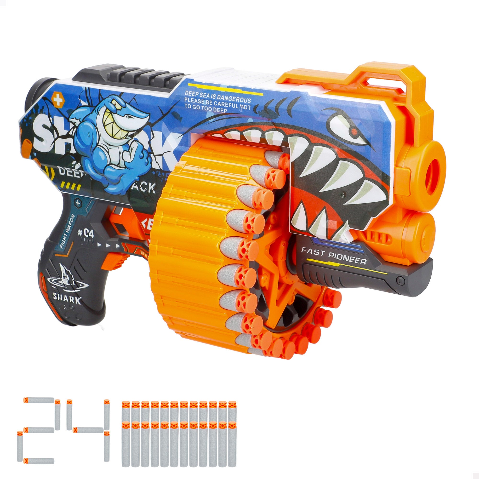 Pistola de brinquedo elétrica em forma de tubarão V-Zone com 24 dardos de espuma.