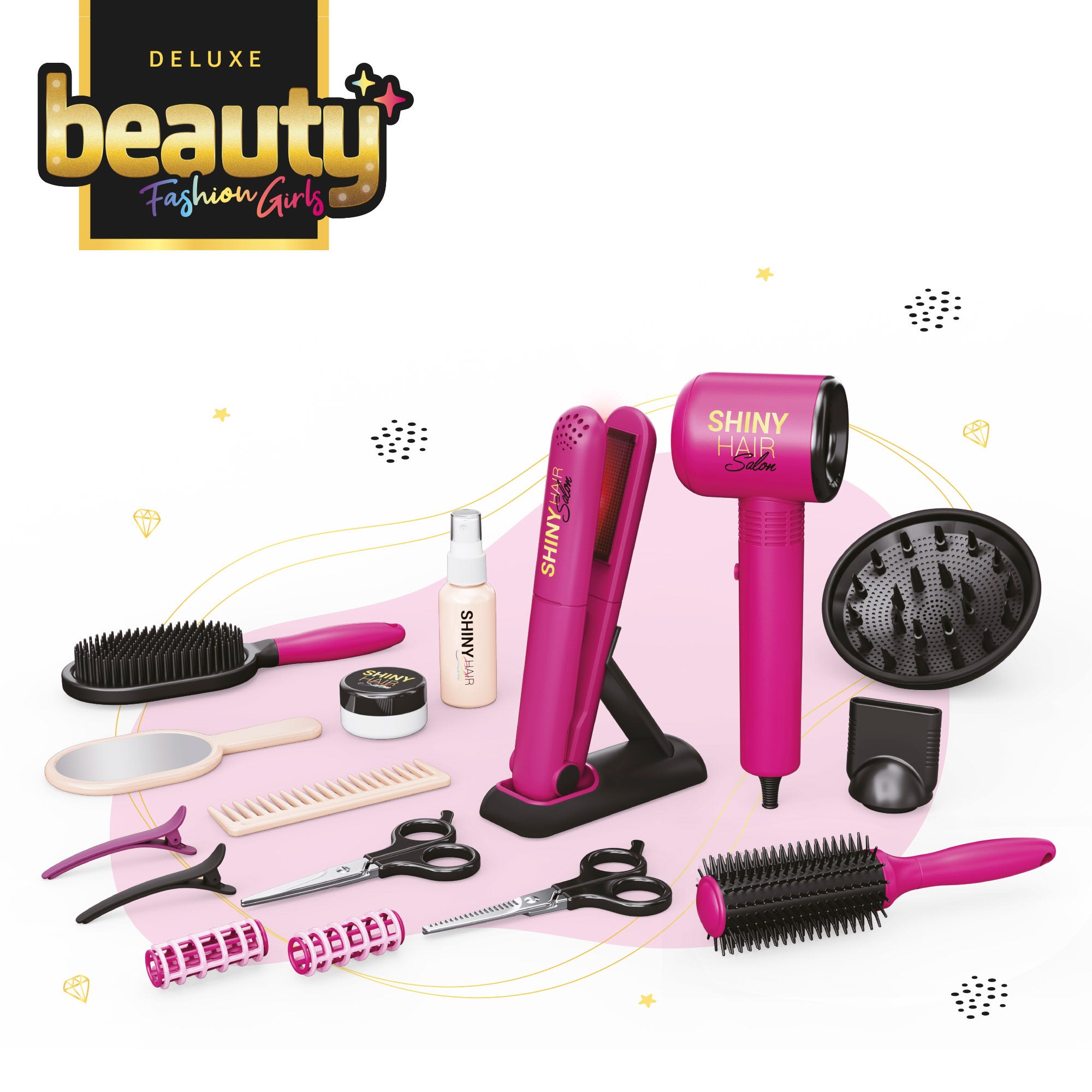 Kit de cabeleireiro infantil de luxo com secador de cabelo, ferro de alisar e acessórios de beleza.