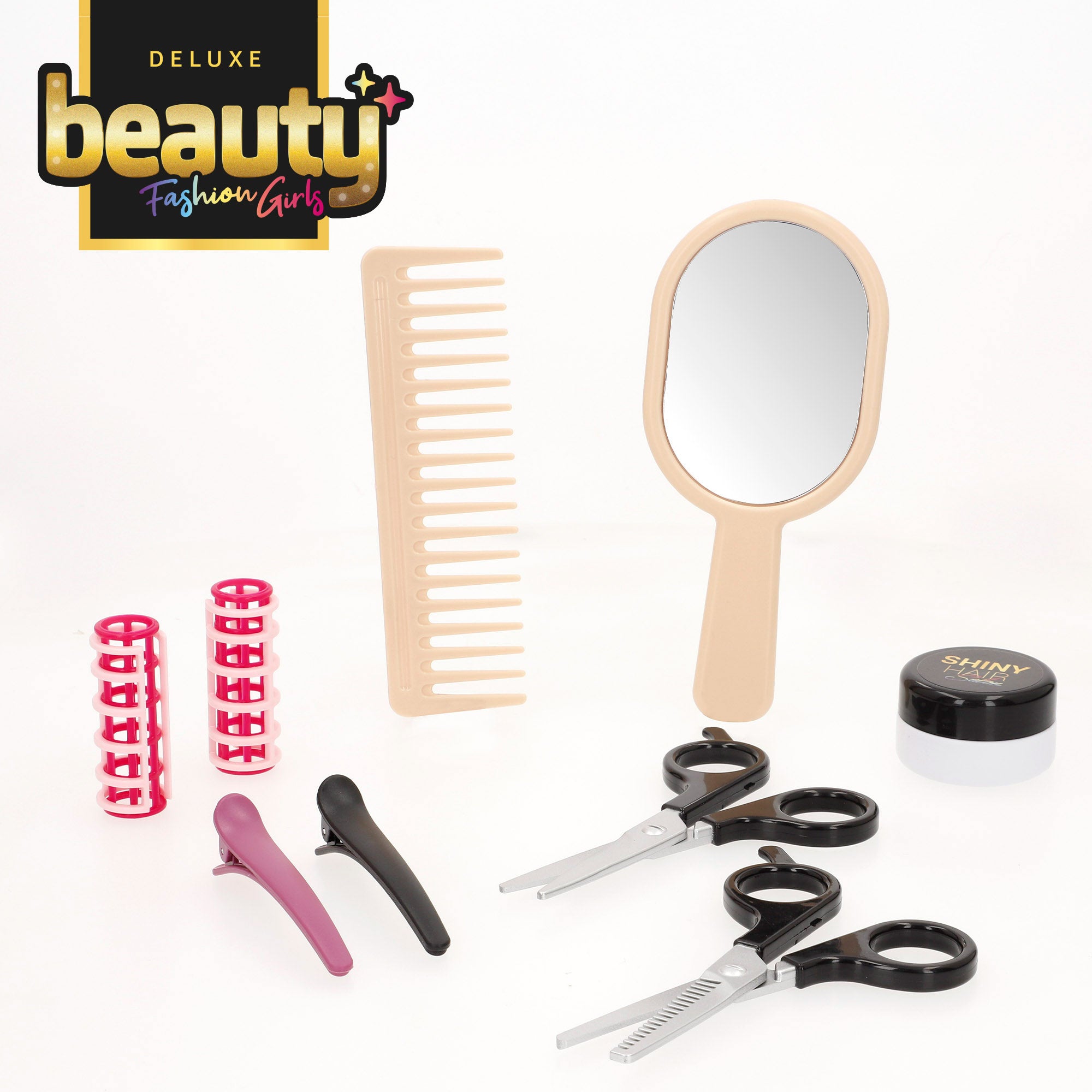 Kit de cabeleireiro infantil de luxo com secador de cabelo, ferro de alisar e acessórios de beleza.