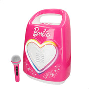 Coluna de som portátil Barbie para karaoke infantil com microfone.