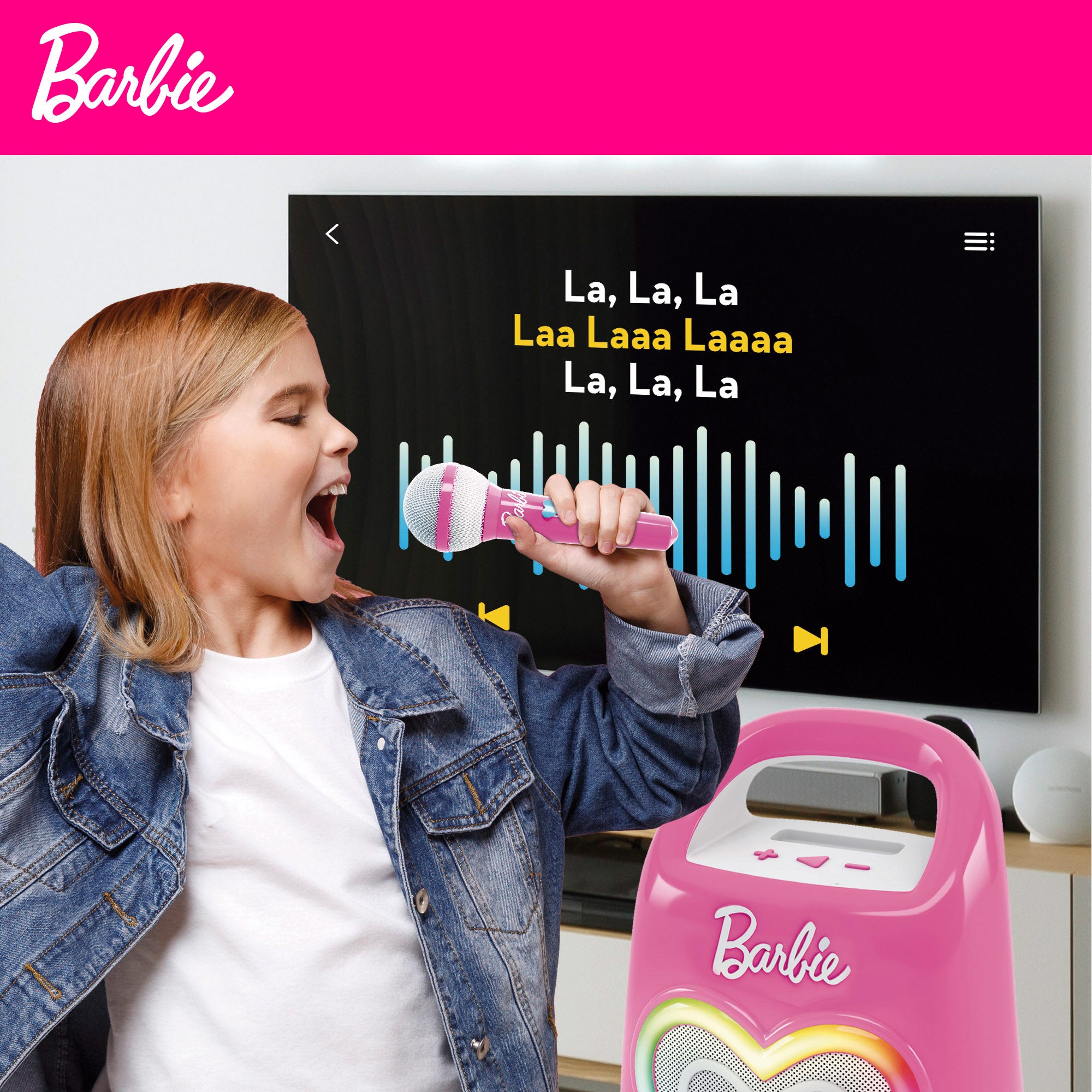 Coluna de som portátil Barbie para karaoke infantil com microfone.