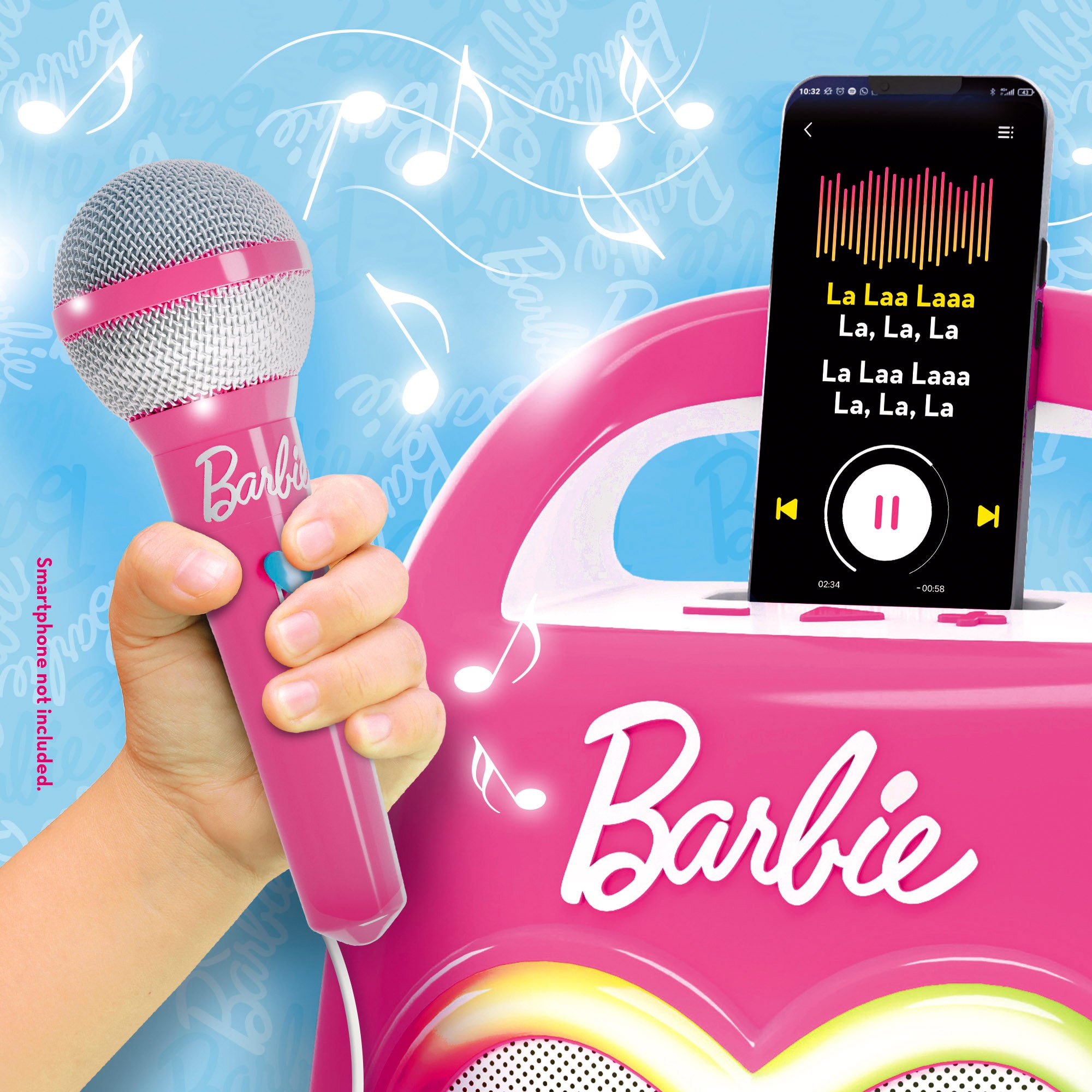 Coluna de som portátil Barbie para karaoke infantil com microfone.