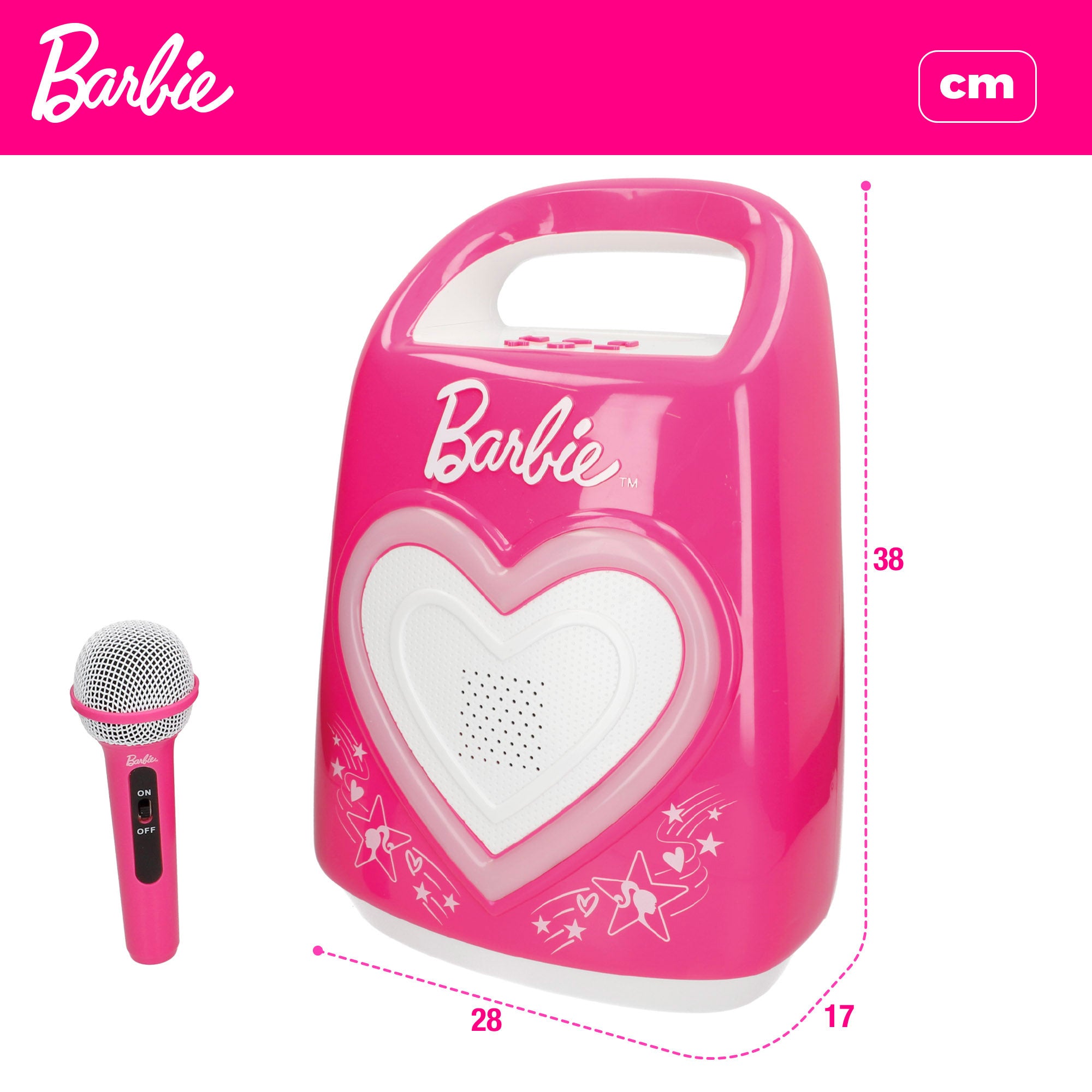 Coluna de som portátil Barbie para karaoke infantil com microfone.