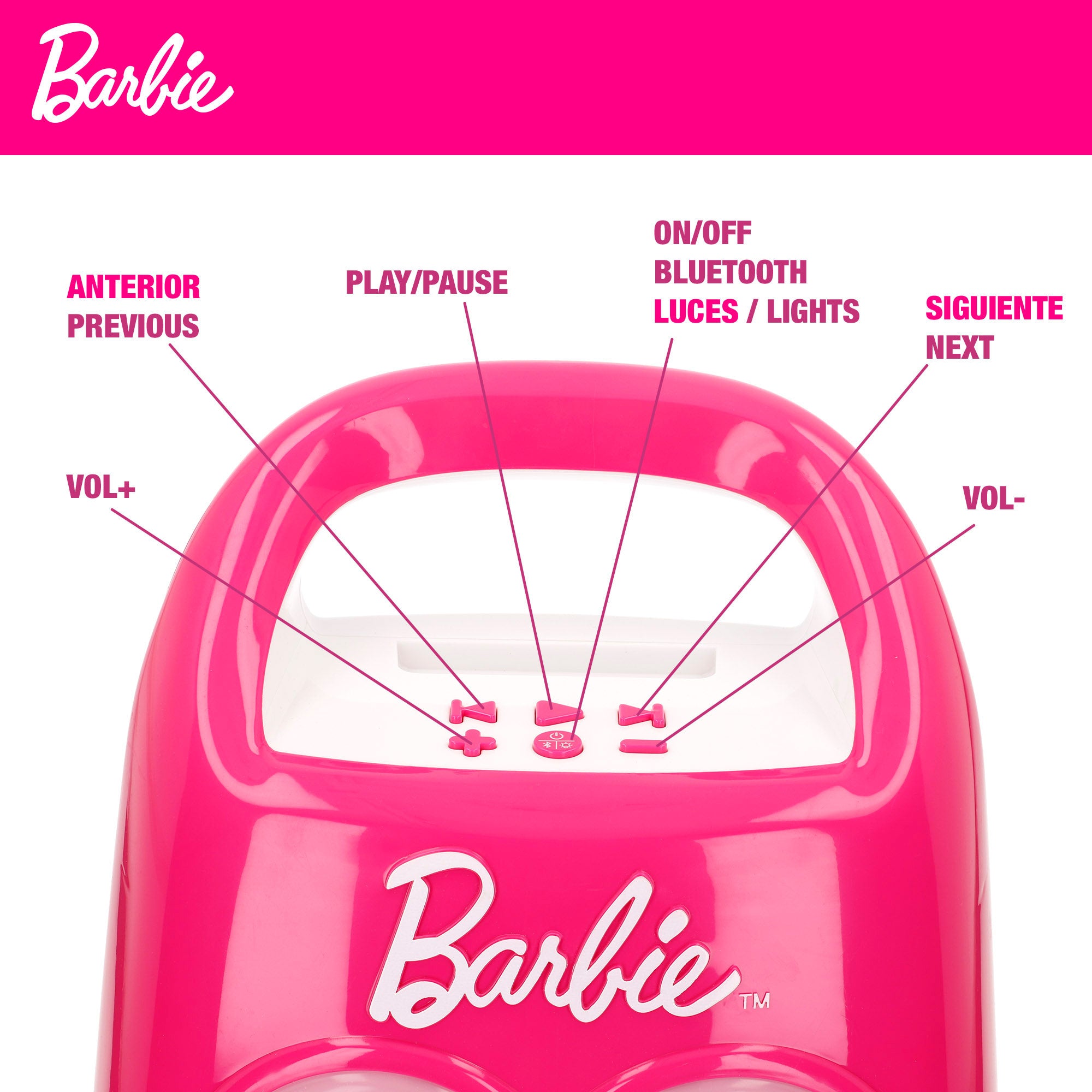 Coluna de som portátil Barbie para karaoke infantil com microfone.