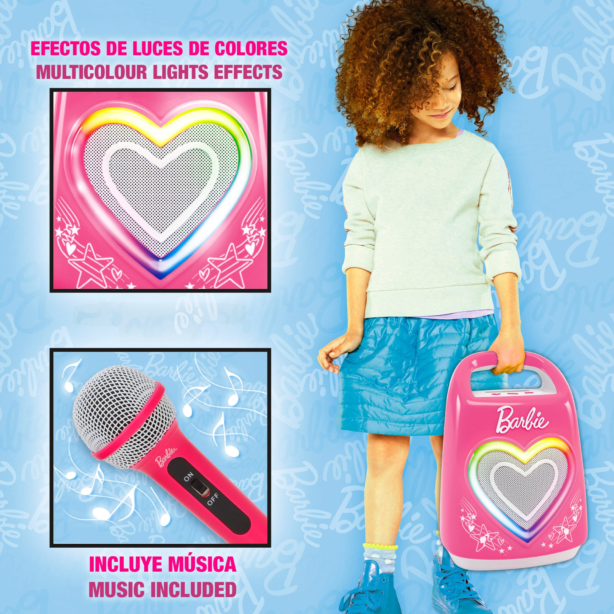 Coluna de som portátil Barbie para karaoke infantil com microfone.